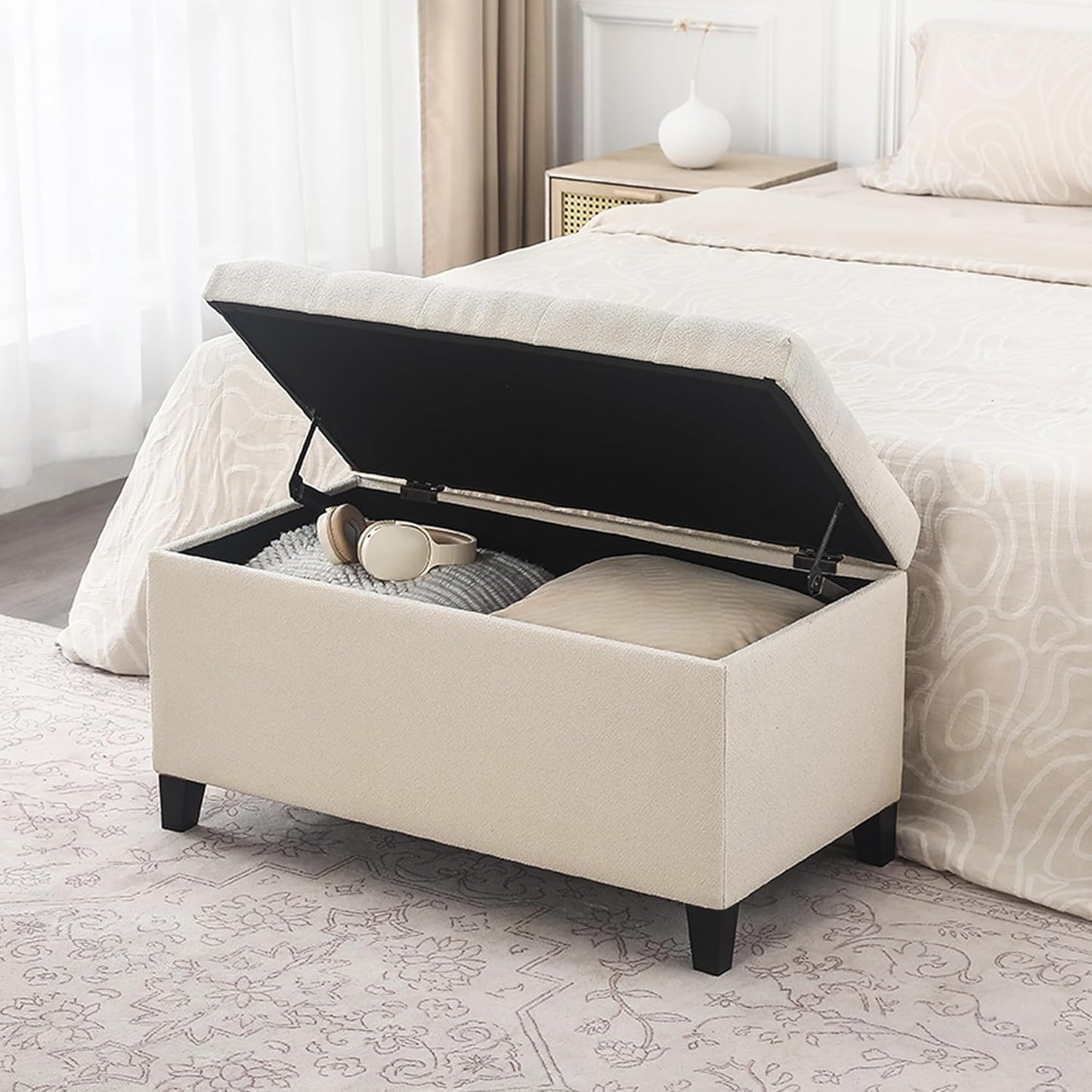 Asense Storage Ottoman Bench, Tufted Fabric Upholstered End of Bed Bench with Safety Hinge Wooden Legs, for Entryway Bedroom (Cotton and Linen Beige, 33.3")