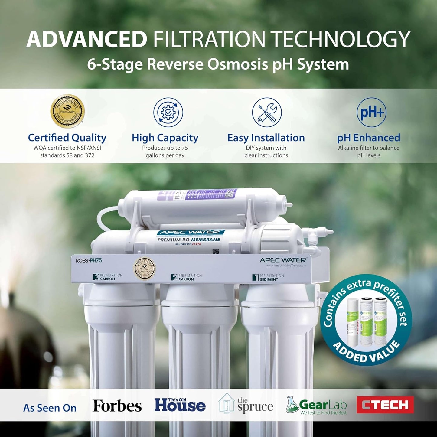 APEC Water Systems ROES-PH75 Essence Series Top Tier Alkaline Mineral pH+ 75 GPD 6-Stage Certified Ultra Safe Reverse Osmosis Drinking Water Filter System with Extra High Capacity Filter Set Stage 1-3
