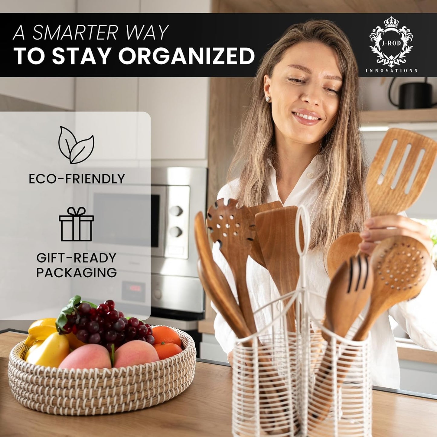 360° Rotating Kitchen Utensil Holder- 3 Compartment Organizer with Cork Bottom | Includes Premium 9-Piece Acacia Wood Utensil Set | Professional Luxury Design | Metal Utensil Crock (Matte white)