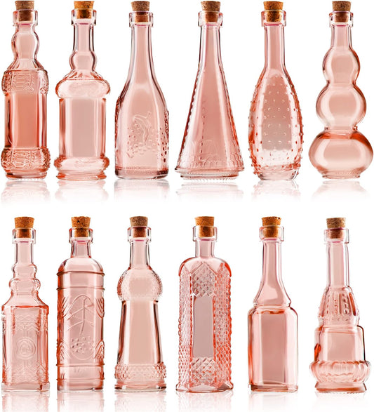 Small MIni Reddish Vintage Glass Bottles with Corks, MIni Vases, Decorative, Potion, Assorted Design Set of 12 pcs, 4.6 Inch Tall (11.43cm), 1.4 Inch Wide (3.56cm)