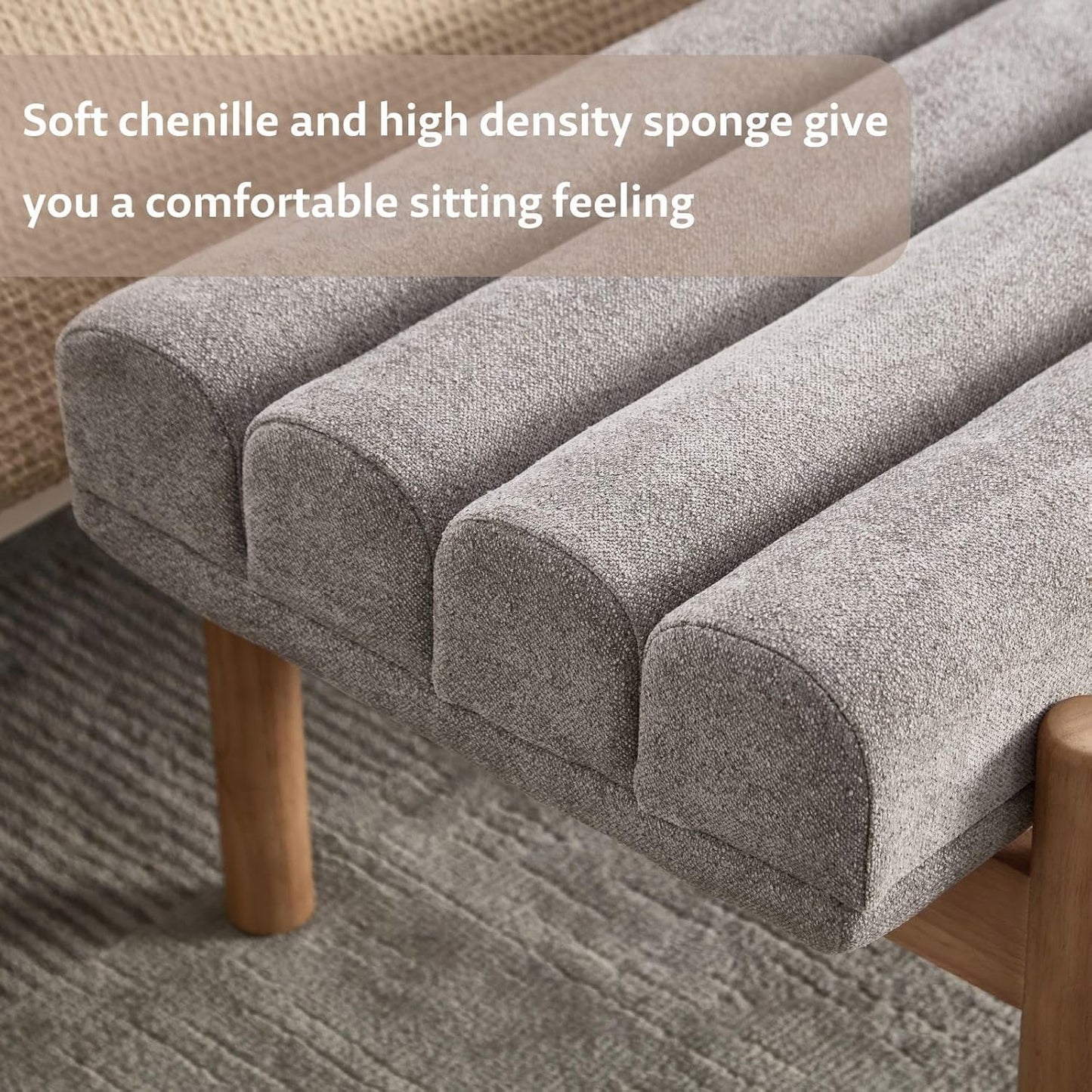 Upholstered Bench Grey Modern End of Bed Bench Chenille Fabric Bedroom Bench for Entryway Living Room Vanity Makeup Room, 47" Long, Wooden Legs