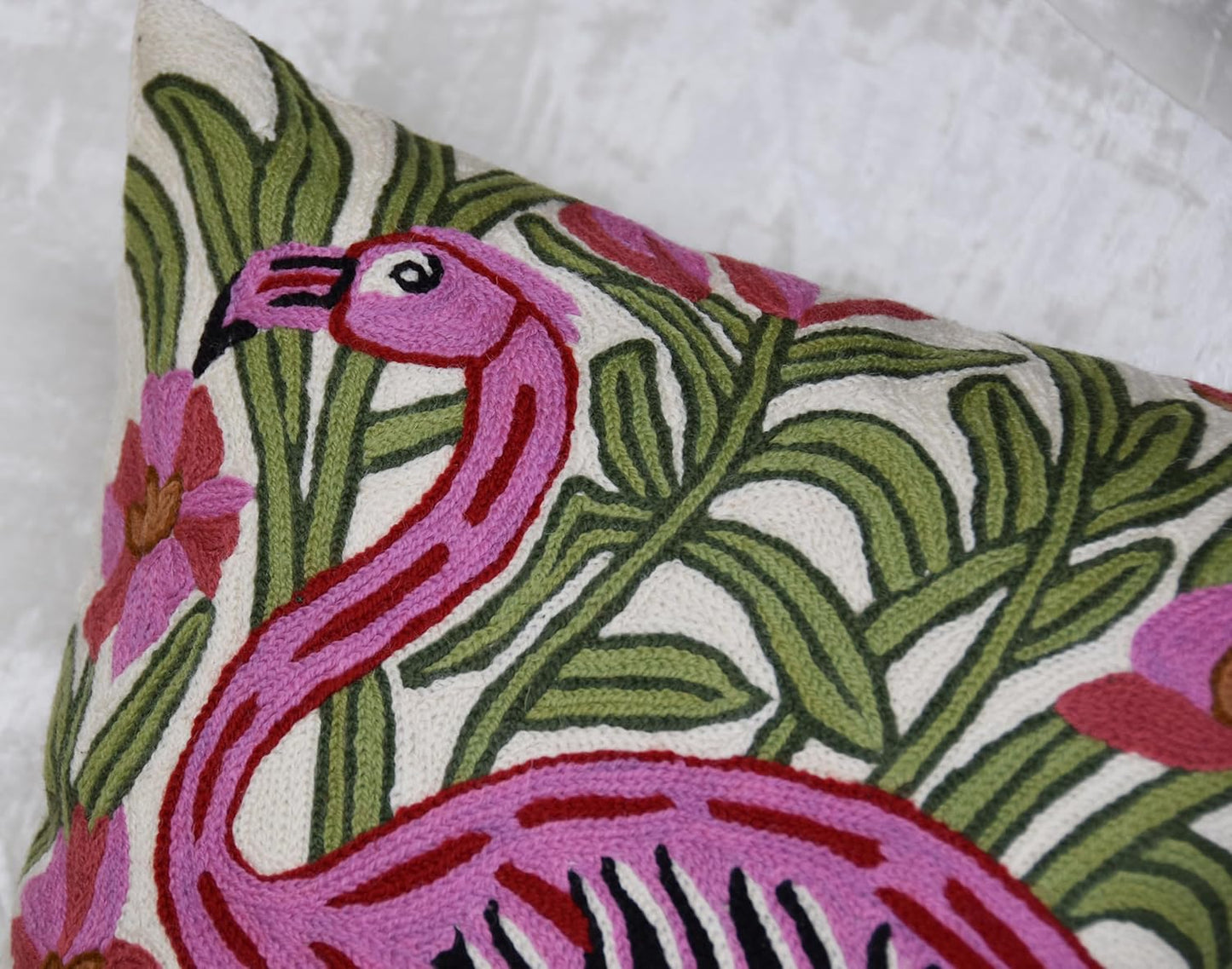 William Morris Flamingo Floral Pillow Cover - Hand Embroidered Modern Flower Pillowcase, Outdoor Cushion, Suzani Farmhouse Chair Throw, Couch Cushions - Wool, Size 18x18