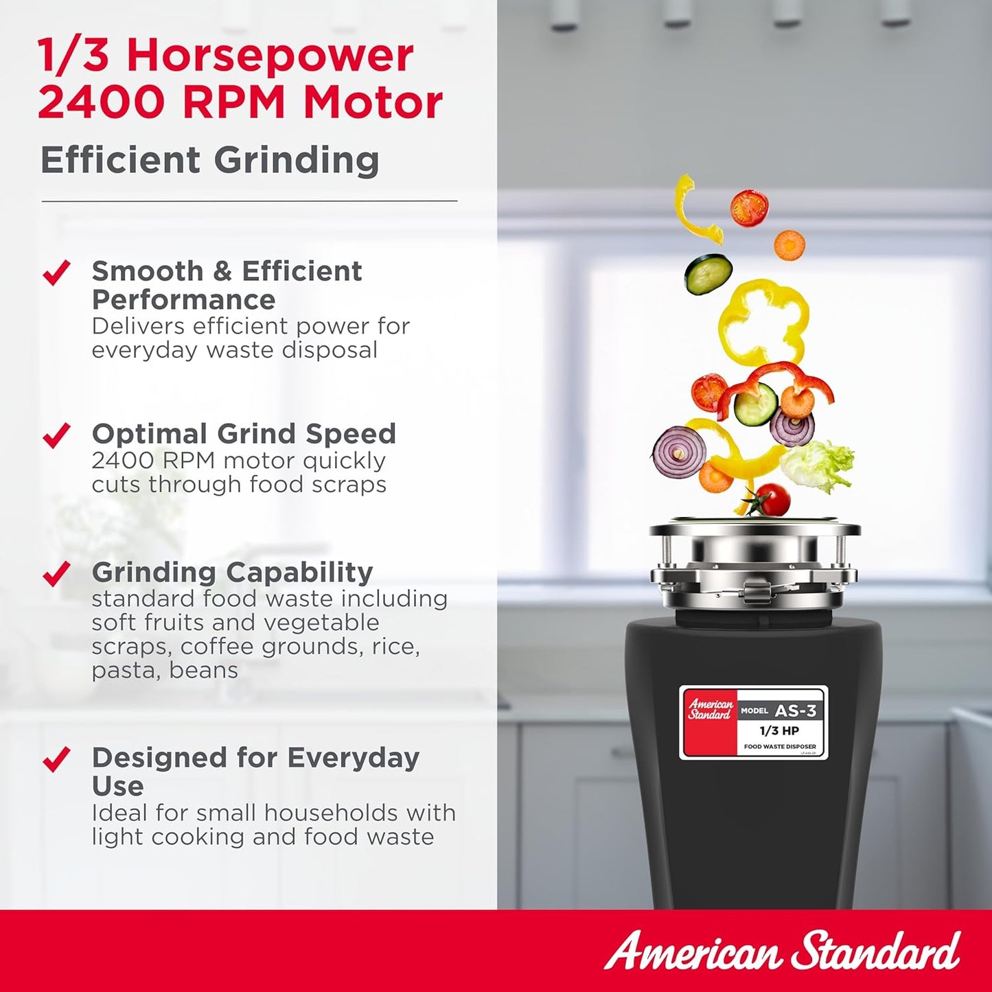 American Standard 10-US-AS-3 Garbage Disposal Anti-Jam Stainless Steel Food Waste Grinding System, Slim Line, 1/3 HP, Black