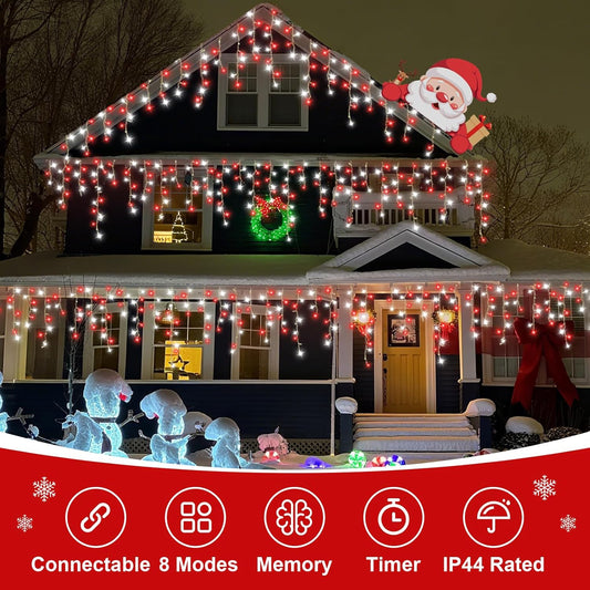 800 LED Icicle Lights Red and White