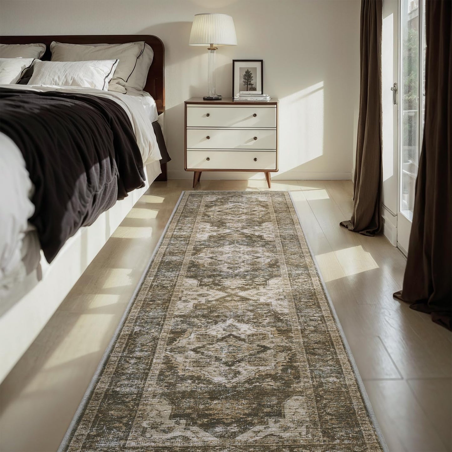 AMOAMI-2X6 Runner Rug-Washable Runners for Hallways-Soft Non Slip Bedside Rugs for Bedroom-Vintage Long Rug for Hallways Entryway Laundry Room Stair Kitchen Bathroom Light Brown/Coffee