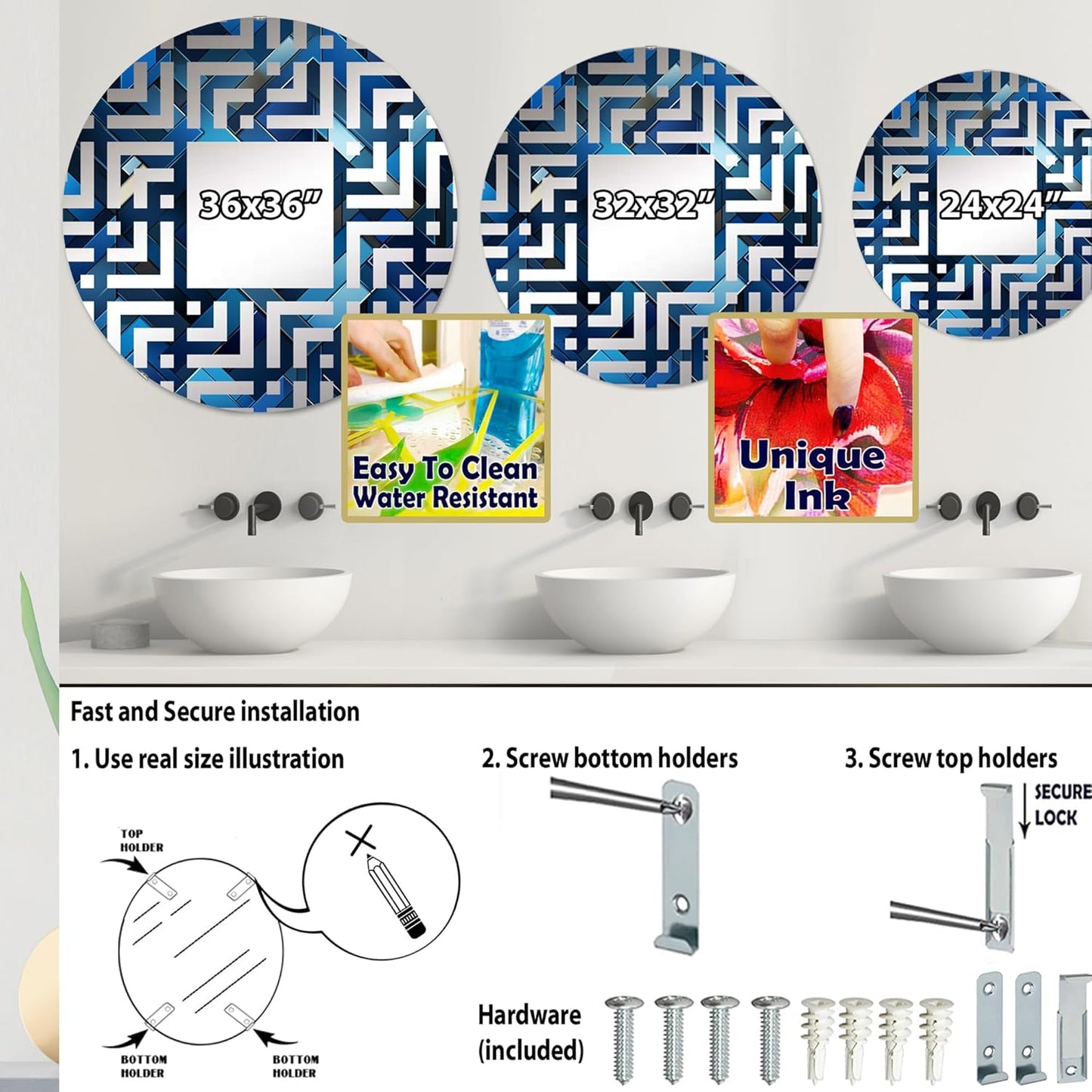 Symmetric Cubes in Deep Cobalt Blue - Geometric Maze - 24 Inches - Round Decorative Wall Mirror for Bathroom, Bedroom, Entryway, Living Room, Vanity Room and Modern Décor