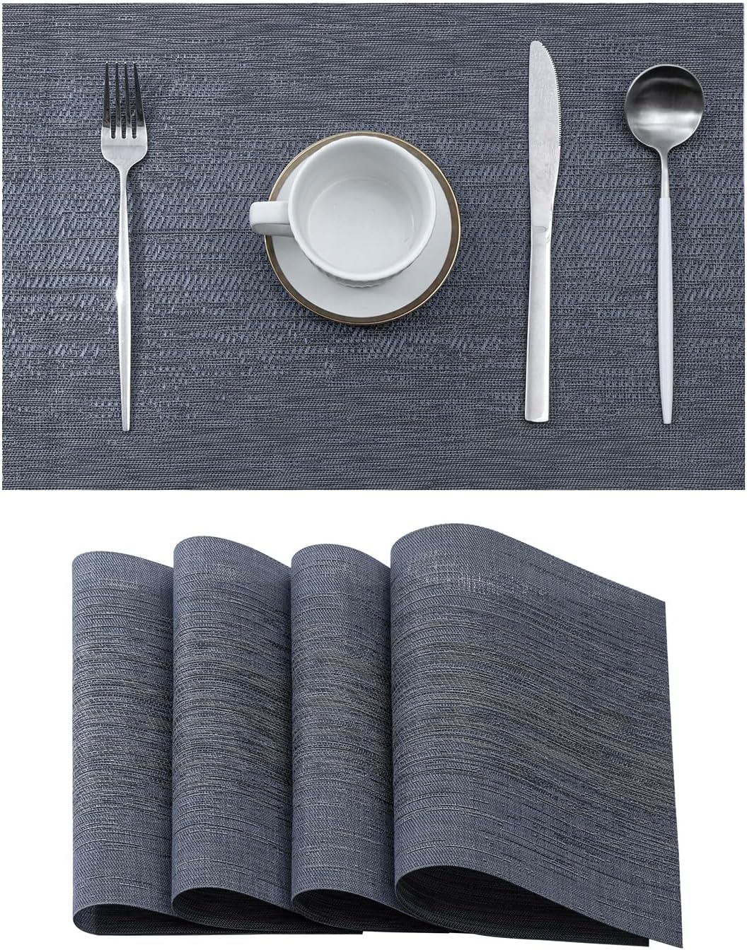 Leetaltree Denim Blue Placemats Set of 4 - Heat Resistant Non-Slip Place mats for Dining Table, Washable Durable PVC Vinyl Woven Table Mats（Denim Blue, 4）