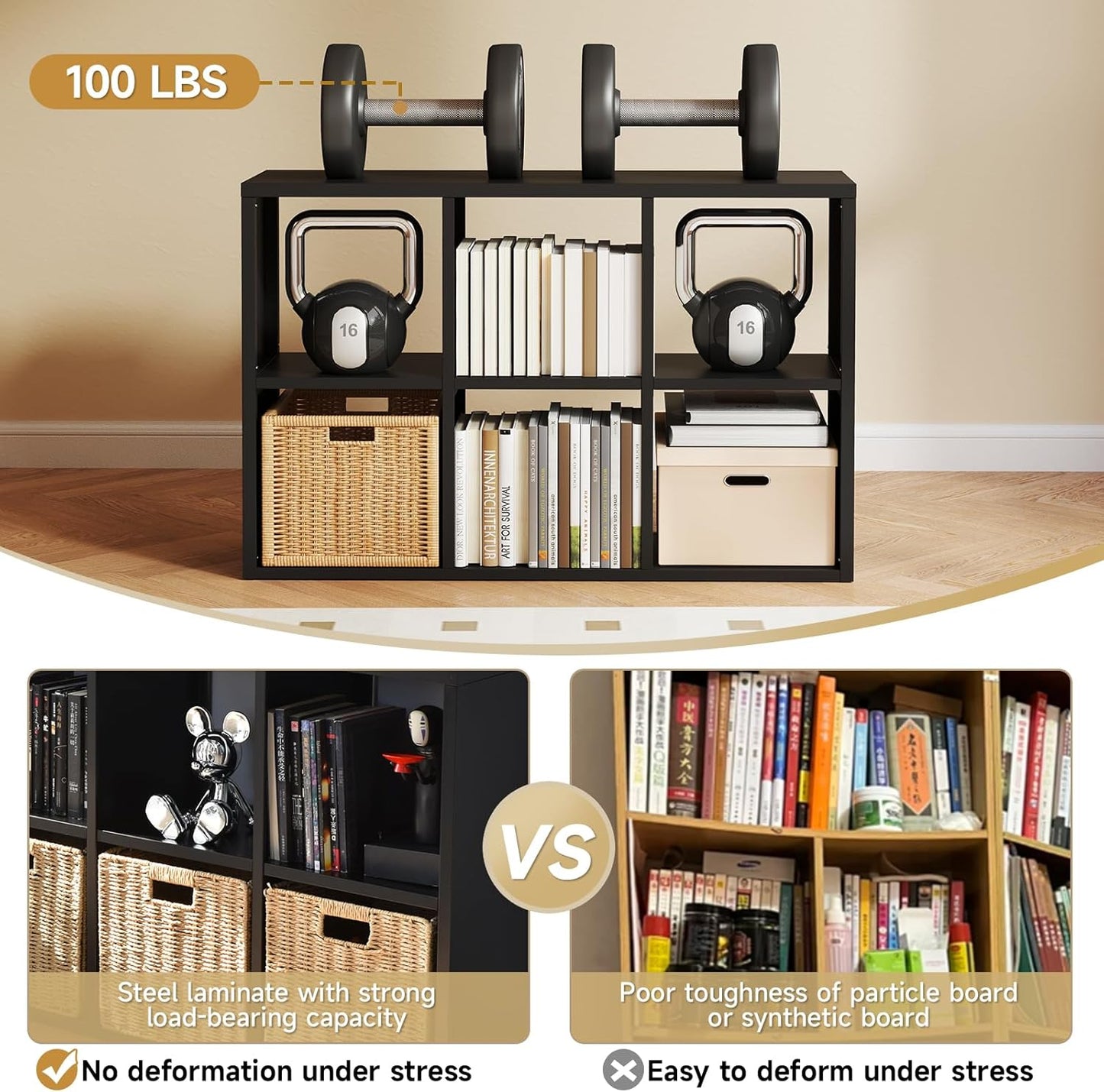 6 Cube Storage Organizer, Black Bookshelf with Storage, 2 Tier Storage Cubes, Freestanding Storage Organizer with Shelves for Living Room, Study