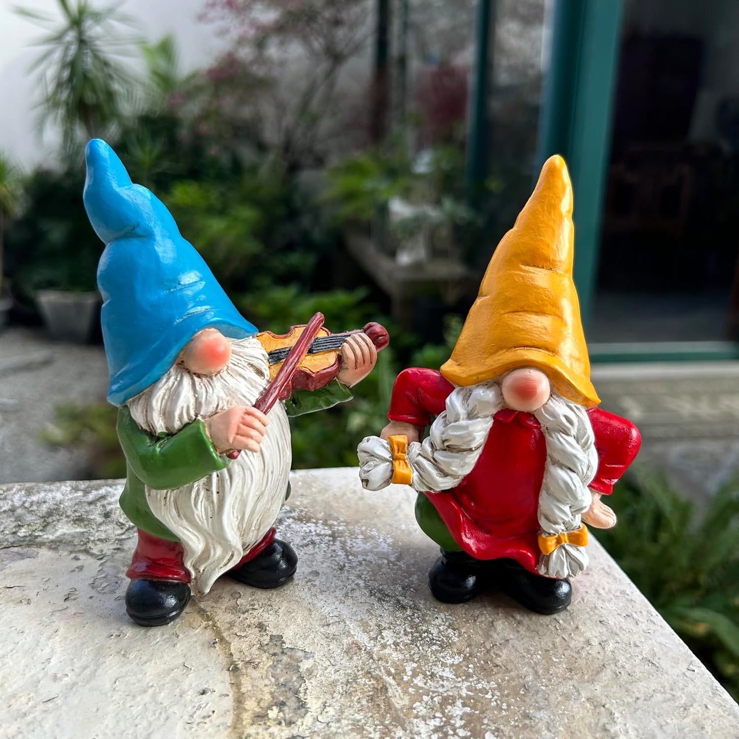Garden Gnome Duo Decorative Figurines 5.5“ Ornament for Indoor Outdoor Home Garden Decor，Musical Violin Player and Dancing, Colorful Outdoor Statues, Set of 2