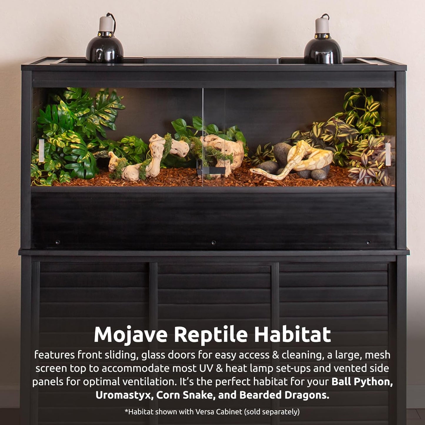 New Age Pet ECOFLEX 48 in Mojave Reptile Lounge in Espresso Black, Durable Wood Plastic Composite Habitat with Vented Side Panels, Removable Sliding Glass Doors, and Mesh Screen Top for Lamp Setup,
