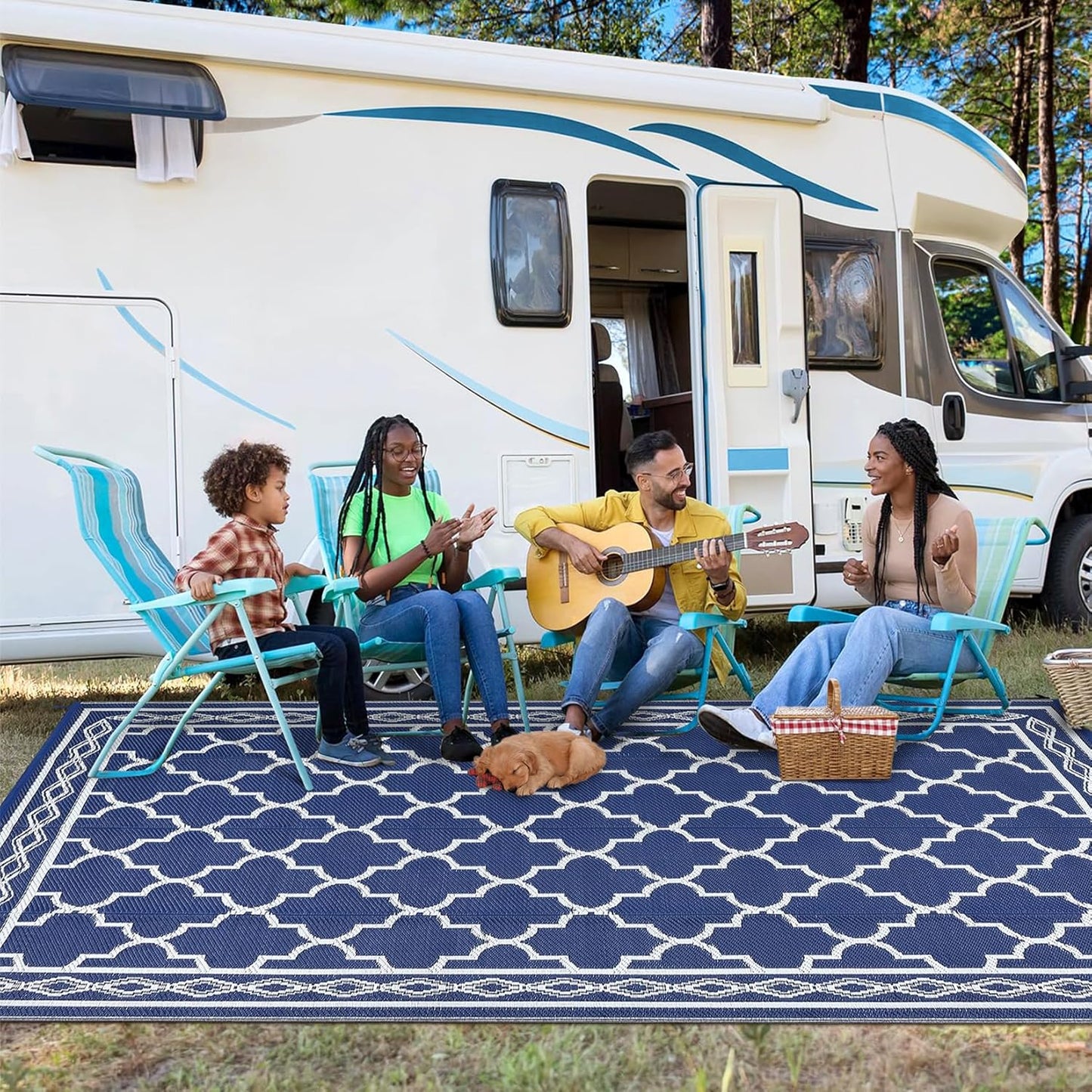 GAOMON Outdoor Plastic Straw Rug, 10'x20' Reversible Sage Green Patio Mat, Flower Modern Design for RV, Backyard, Deck, Camping, Picnic, Navy/White(Geometric)