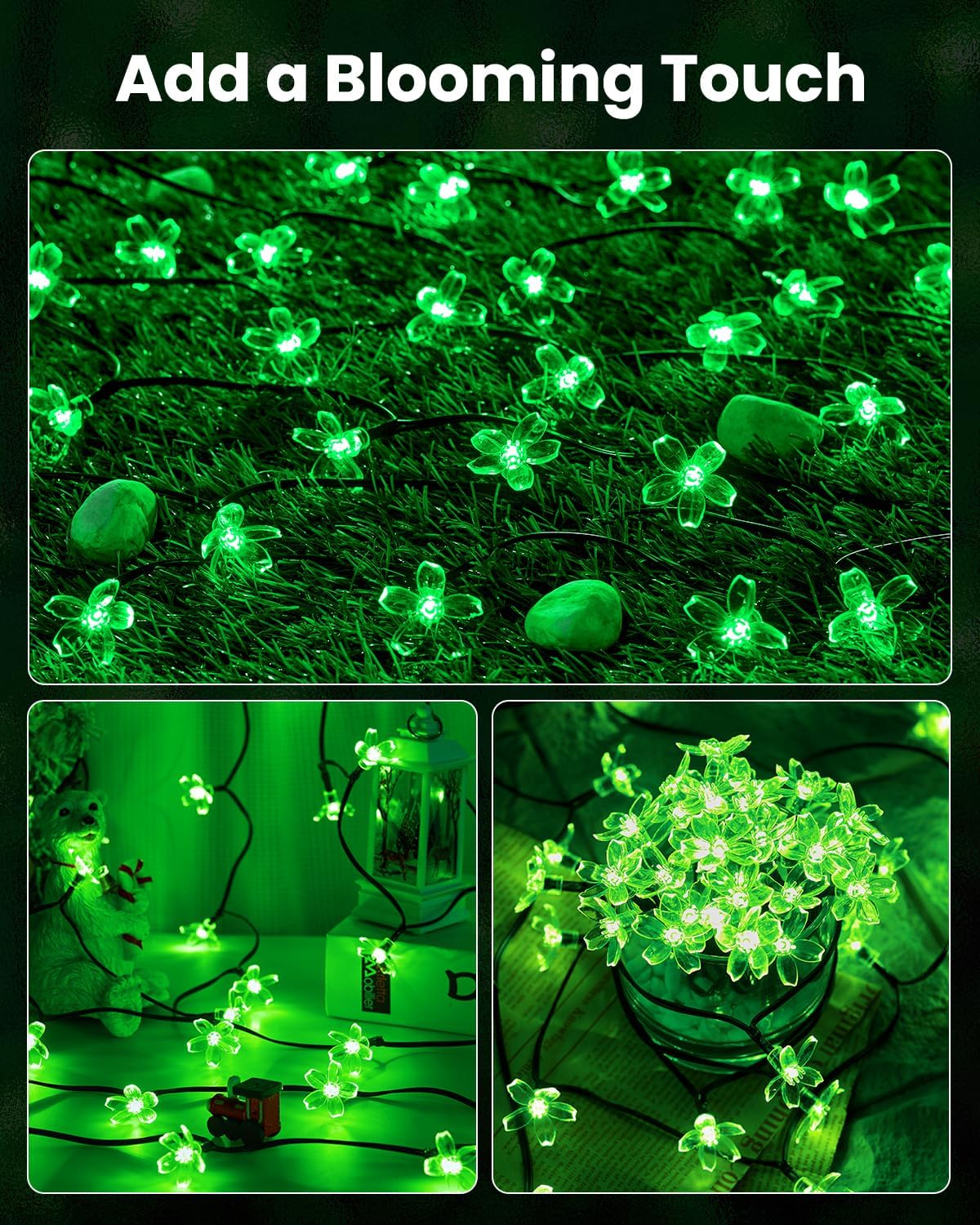 Brightown 2 Pack Total 52FT 120 LED Solar Flower String Lights for Outside Waterproof Fairy Lights for Garden Yard Fence Patio Christmas Tree Wedding Party Decor, Green