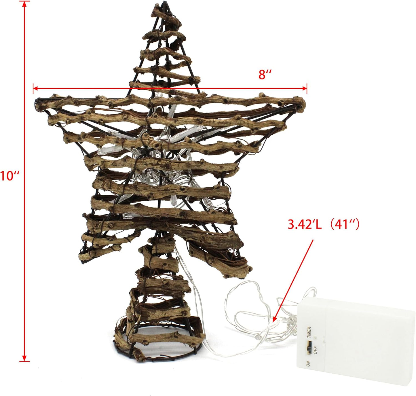 CVHOMEDECO. Rustic Rattan Christmas Tree Star Topper with LED Lights, Farmhouse Christmas Tree Toppers Decoration, 8 x 10 Inch