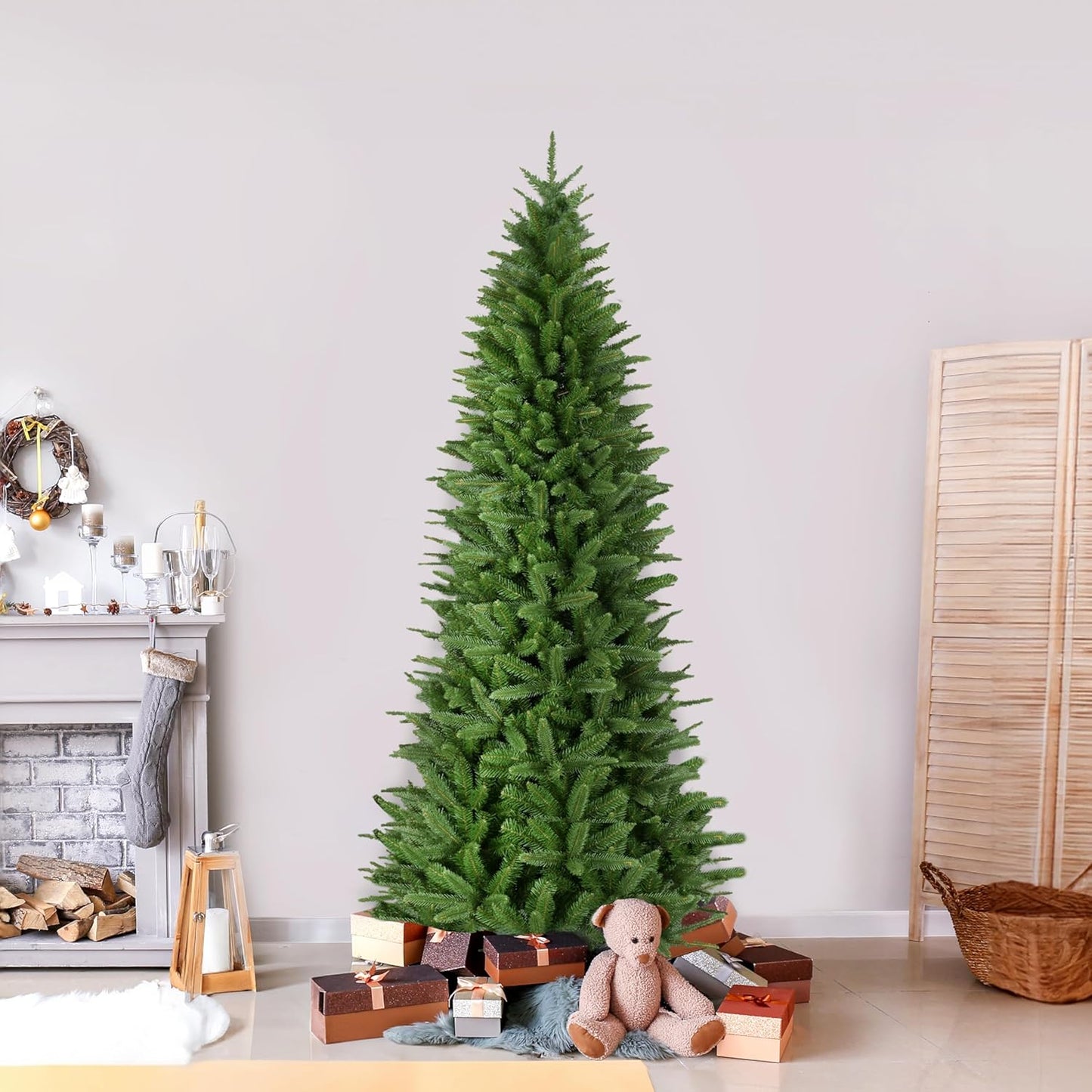 Fraser Hill Farm 7.5-Ft. Winter Falls Slim Artificial Christmas Tree with Stand and No Lights, Unlit Foldable Christmas Tree with Realistic Foliage for Home Decoration