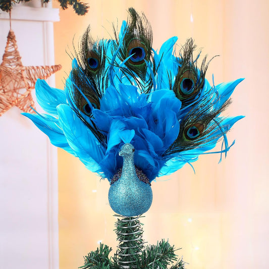 Retisee 15-Inch Christmas Peacock Tree Topper - Artificial Feather Glitter Blue Ornament for Indoor Outdoor Tree Home Decor