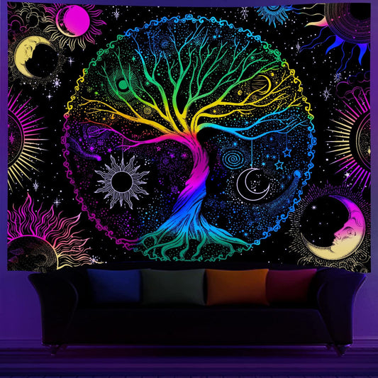AACKart Blacklight Tapestry for Bedroom - Spiritual Tree of Life Wall Tapestry Glow in the Dark Wall Hanging 90.5 x 70.8 inches