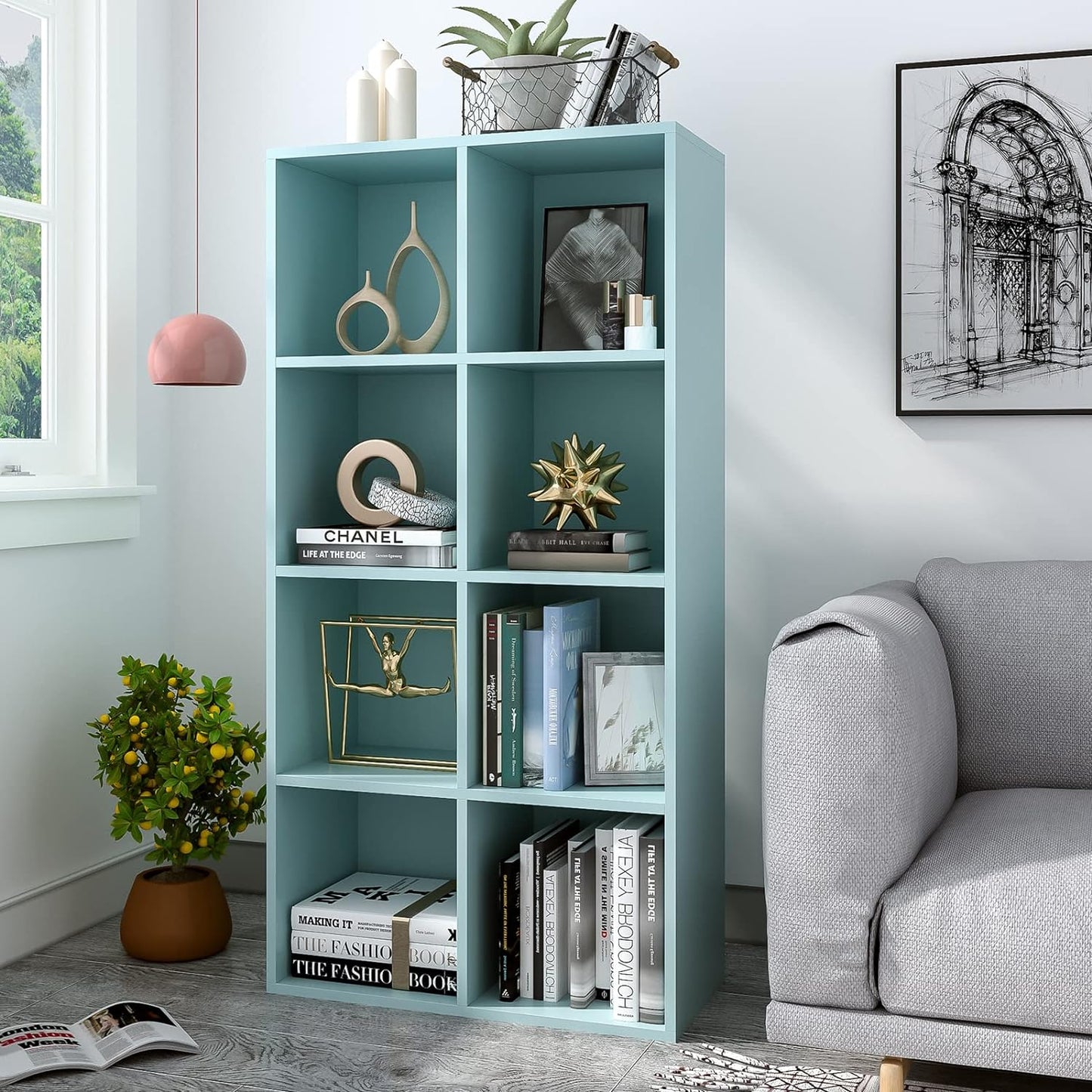 8-Cube Storage Shelf Bookcase - Wooden 4-Tier Floor Standing Open Bookshelf, Modern TV Stand up to 55 Inchs for Home and Office, Light Blue