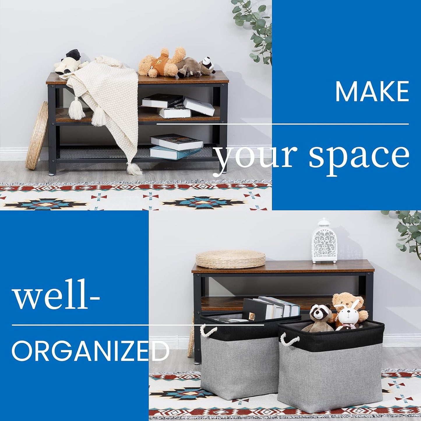 Bidtakay Storage Baskets Extra Large Baskets for Organizing Grey Rectangle Laundry Basket Linen Fabric Bins Set of 2 Clothes Baskets for Closet Shelves Hallway Bedroom Toy Organizer 17x12x15 In