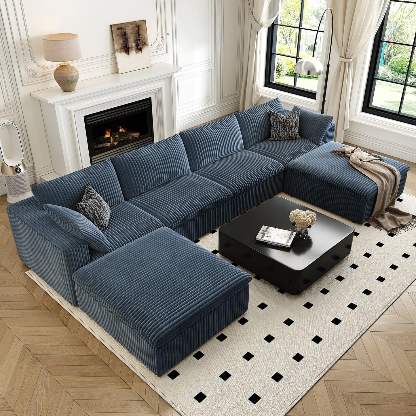 157.5" Cloud Couch Oversized Modular Sectional Sofa for Living Room,Modern Sofa with Deep Seat，U-Shape Boneless Couch with 2 Ottoman,Comfy Upholstered Couches for Apartment, Studio, Office,Blue