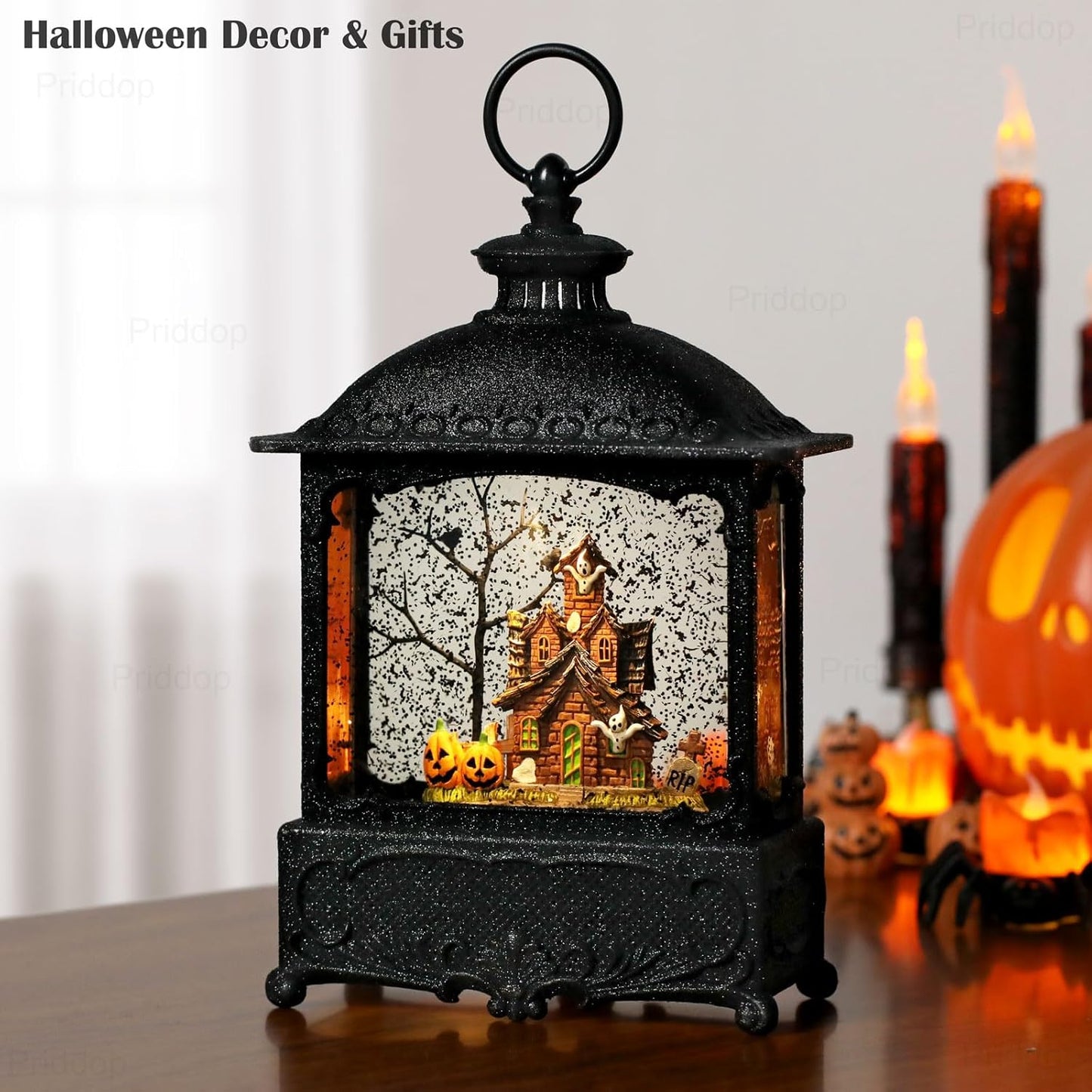Halloween Snow Globe Lantern Haunted House Pumpkin Ghost Tree Crow Rip Dancing Bats with Timer, USB and Battery Powered 12 inch