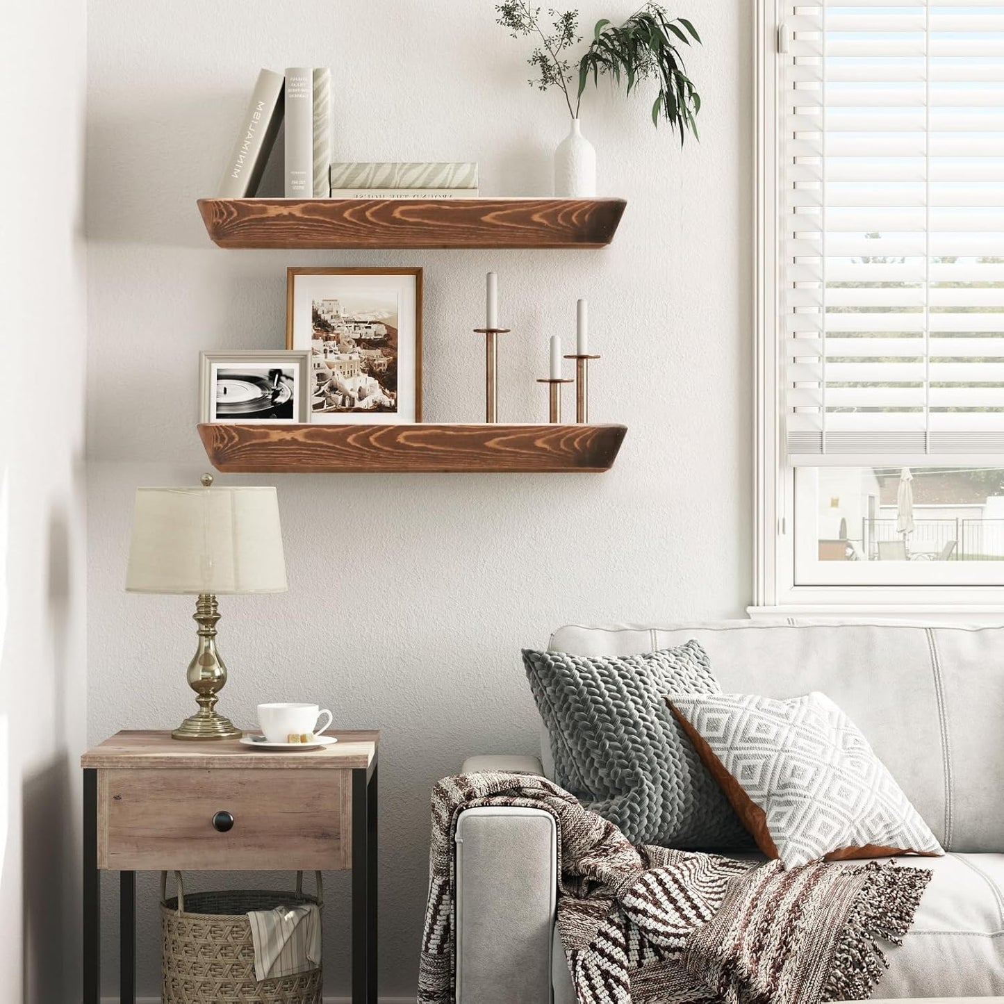 16"x6.8"x1.6" Slanted Floating Wall Shelves 2-Pack - Rustic Brown Finish, Heavy-Duty Solid Wood Design with Hidden Brackets - Perfect for Living Room, Kitchen, Bathroom, or Office