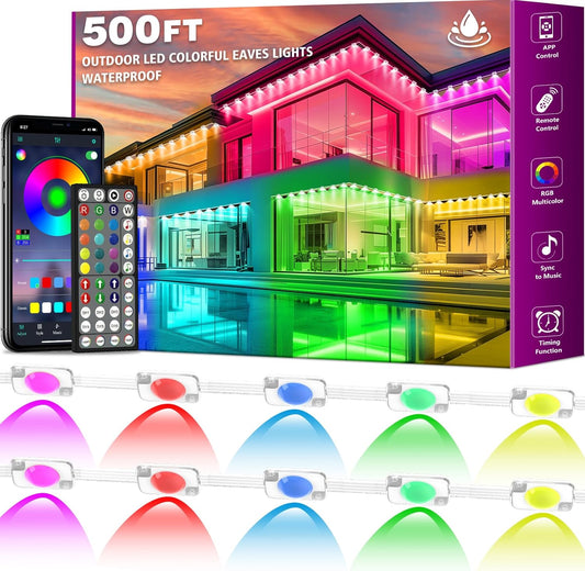 500FT Permanent Outdoor Lights Waterproof with Smart App Control Remote,DIY Scene Modes,Music Sync hronization,Eaves Lights for Garden Decor,Deck,Christmas
