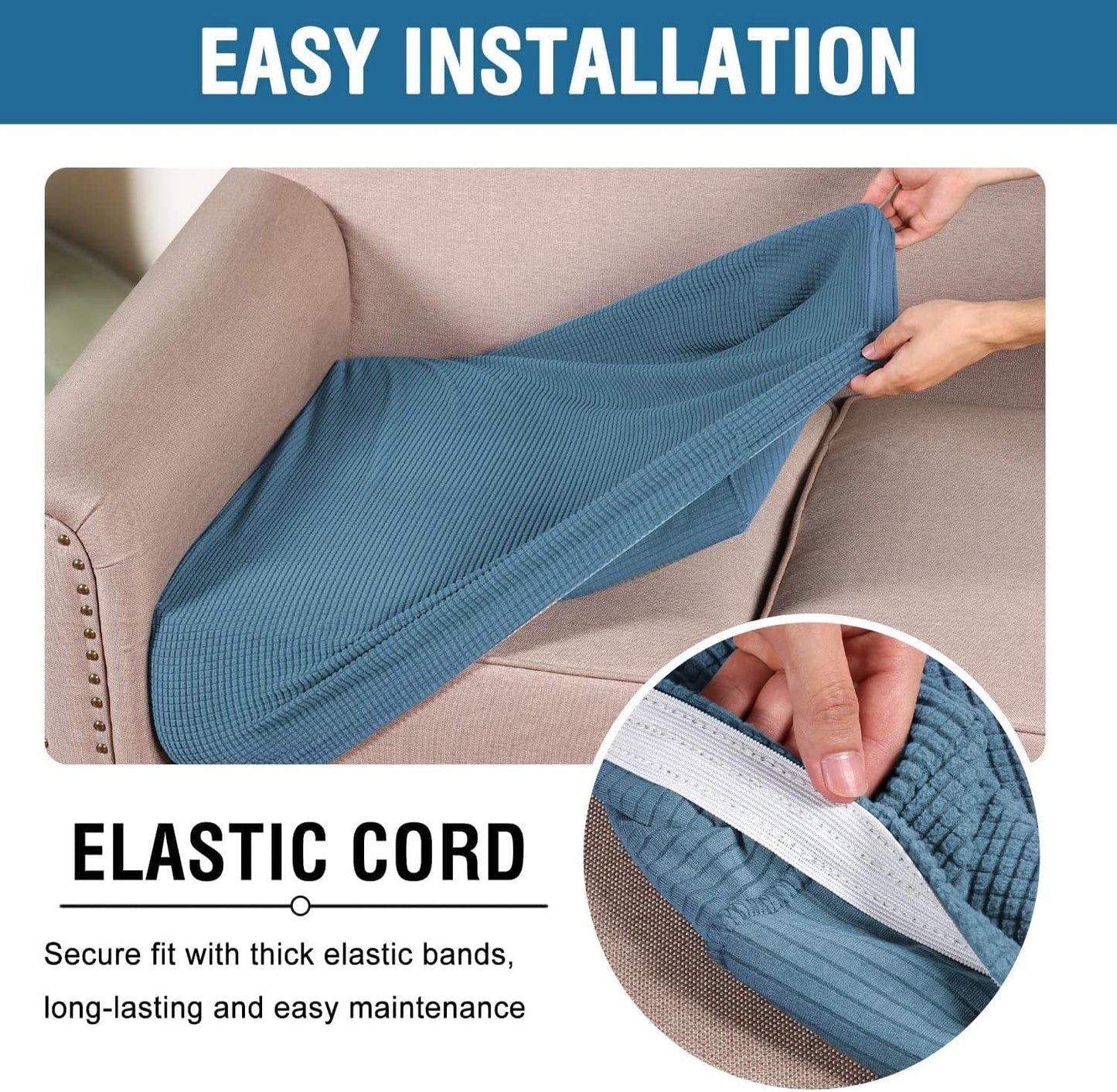 H.VERSAILTEX Super Stretch Individual Seat Cushion Covers - Sofa & Couch Cushion Slipcover Sets - Thick Jacquard Textured Twill Fabric (2 Piece Large, Dusty Blue)