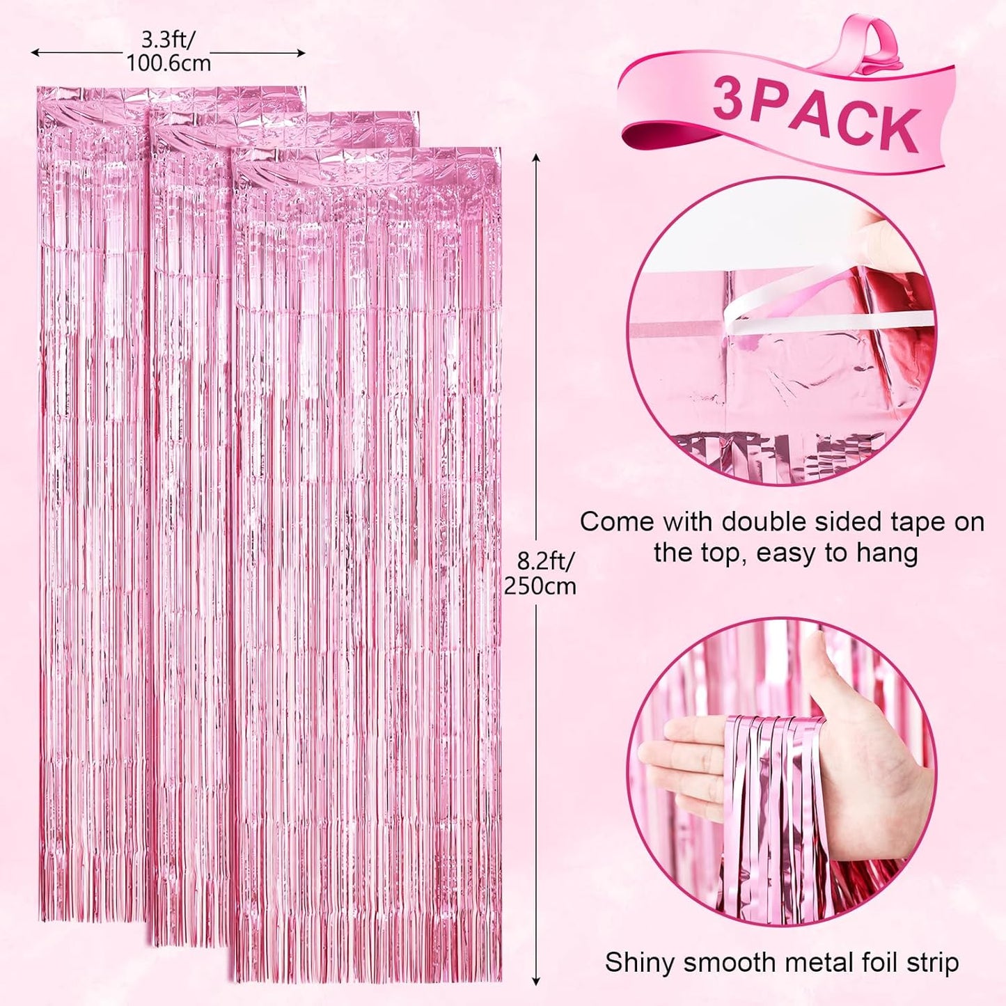 3 Pack 3.3 x 8.2 ft Light Pink Foil Fringe Backdrop Curtains, Tinsel Streamers Birthday Party Decorations, Fringe Backdrop for Graduation, Baby Shower, Gender Reveal, Disco Party