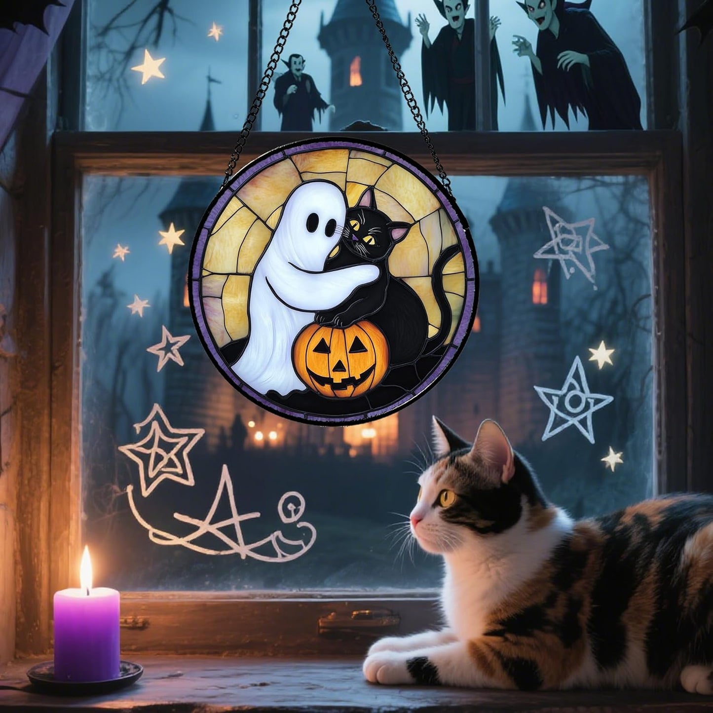 Stained Glass Window Hanging - Halloween Decorations Cute White Ghost Black Cat Suncatcher for Doors Garden Spooky Sun Catchers Gothic Decor Horror Gifts for Women Men Friend Boy 7.8 in
