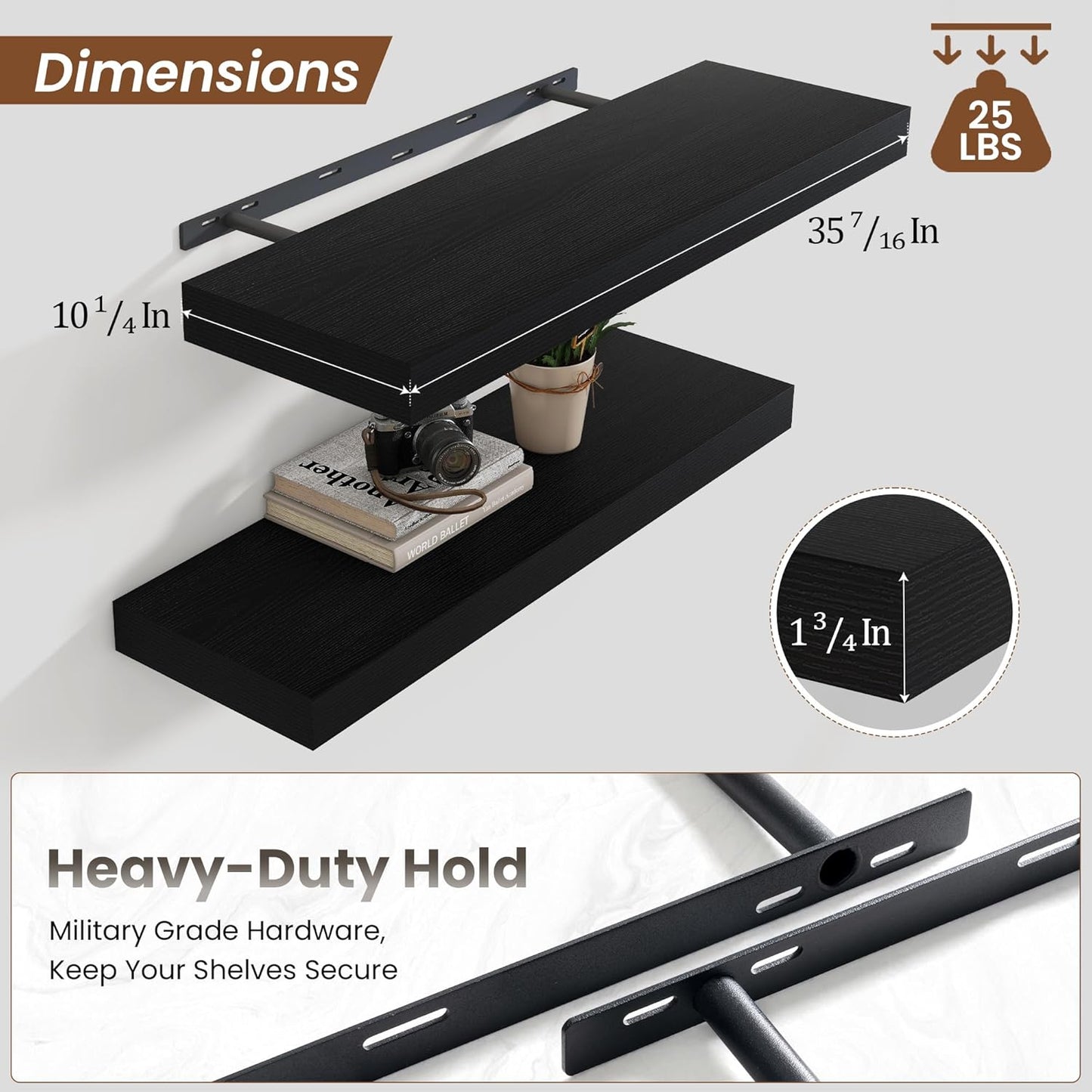 Heimlove 36 Inch Black Floating Shelves for Wall,10 Inch Deep Wood Shelves with Invisible Brackets,Wall Mounted Storage & Display Shelves for Bedroom,Living Room,Kitchen,Office