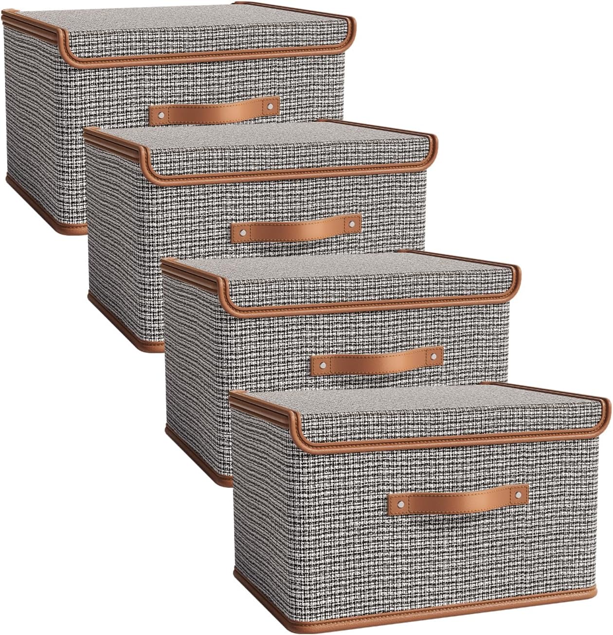 Tuza 4 Pack Storage Bins with Lids, Collapsible Closet Organizer Container, Fabric Organizer Box with Handles, Decorative Storage Boxes with Lids for Organizing Clothes, Sheet, Light Grey, Extra Large