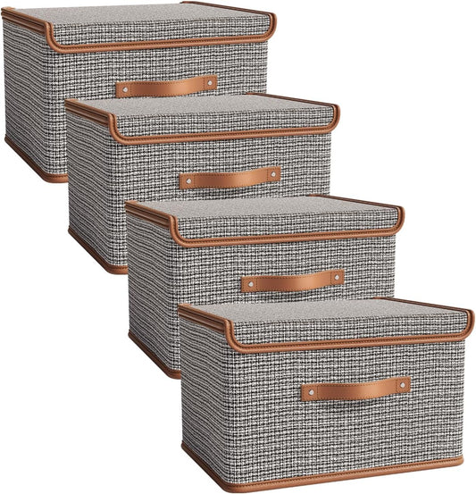 Tuza 4 Pack Storage Bins with Lids, Collapsible Closet Organizer Container, Fabric Organizer Box with Handles, Decorative Storage Boxes with Lids for Organizing Clothes, Sheet, Light Grey, Extra Large