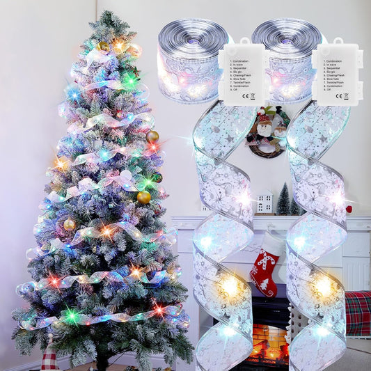 2 Pack Christmas Tree Ribbon String Lights - 33ft 100 LED Battery Powered Fairy Lights with Timer and 8 Lighting Modes, Ribbon Bows Light for 6ft - 8ft Christmas Tree Decor, Silver Ribbon, Multi-color