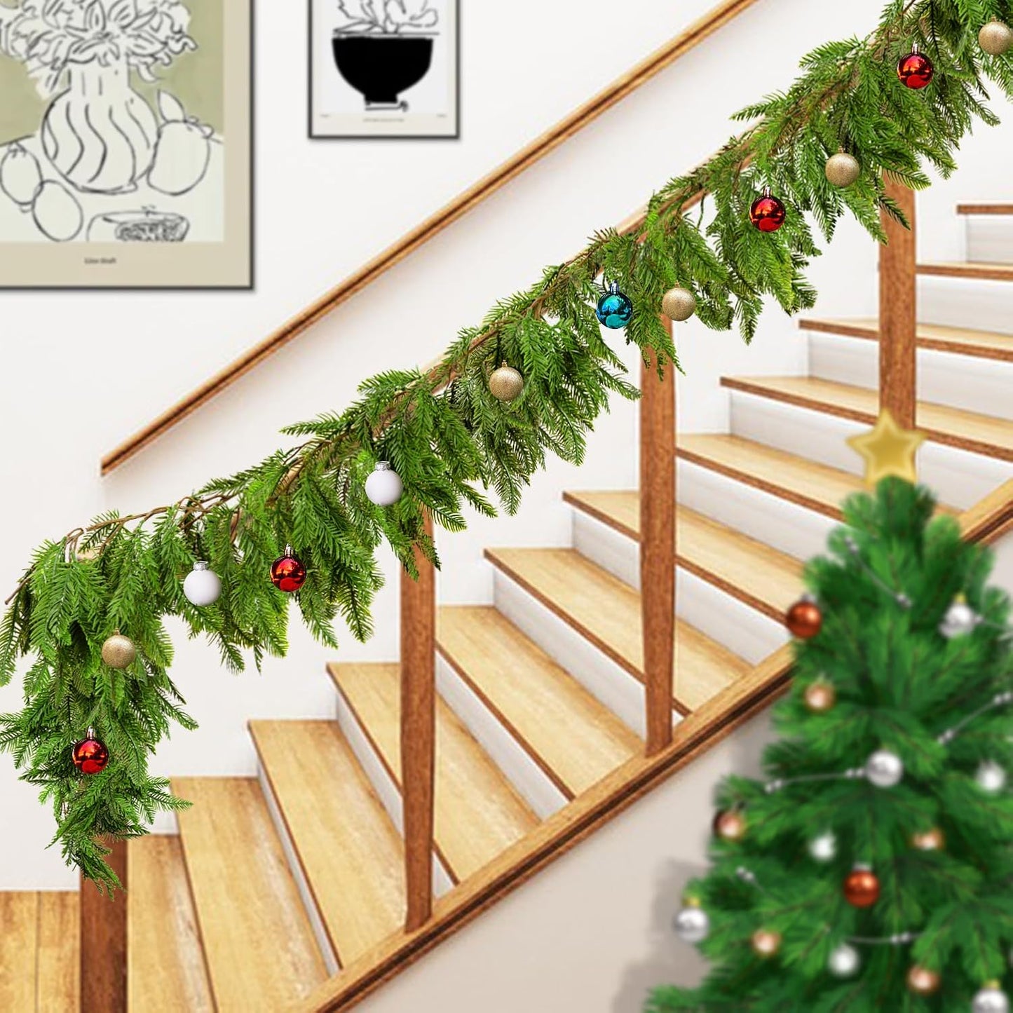 Watayo 6 Ft Christmas Norfolk Pine Garland, 3 Fork Dense Real Touch Pine Garland Ornament, Realistic Artificial Pines Greenery Garlands for Christmas Holiday Mantle Fireplace Table Home Decor
