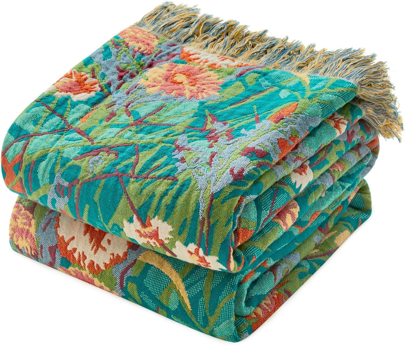 MSGKV Boho Throw Blanket for Couch Bed Chair 100% Cotton Muslin Breathable Floral Blanket 50"x60" Sofa Blankets for All Seasons Lightweight Farmhouse Blankets Boho Home Decor