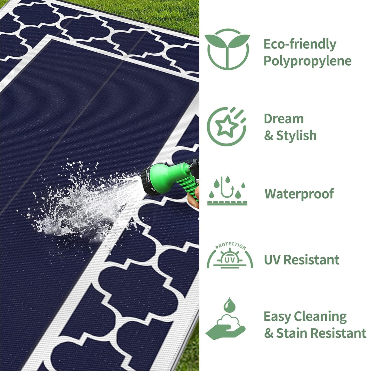 GENIMO 10 ' x 20 ' Outdoor Rug Waterproof for Patio Decor, Foldable Reversible Plastic Straw Area Rugs Mat for Camper, Outside Carpet for Rv, Deck, Porch, Picnic, Beach, Balcony, Blue & White