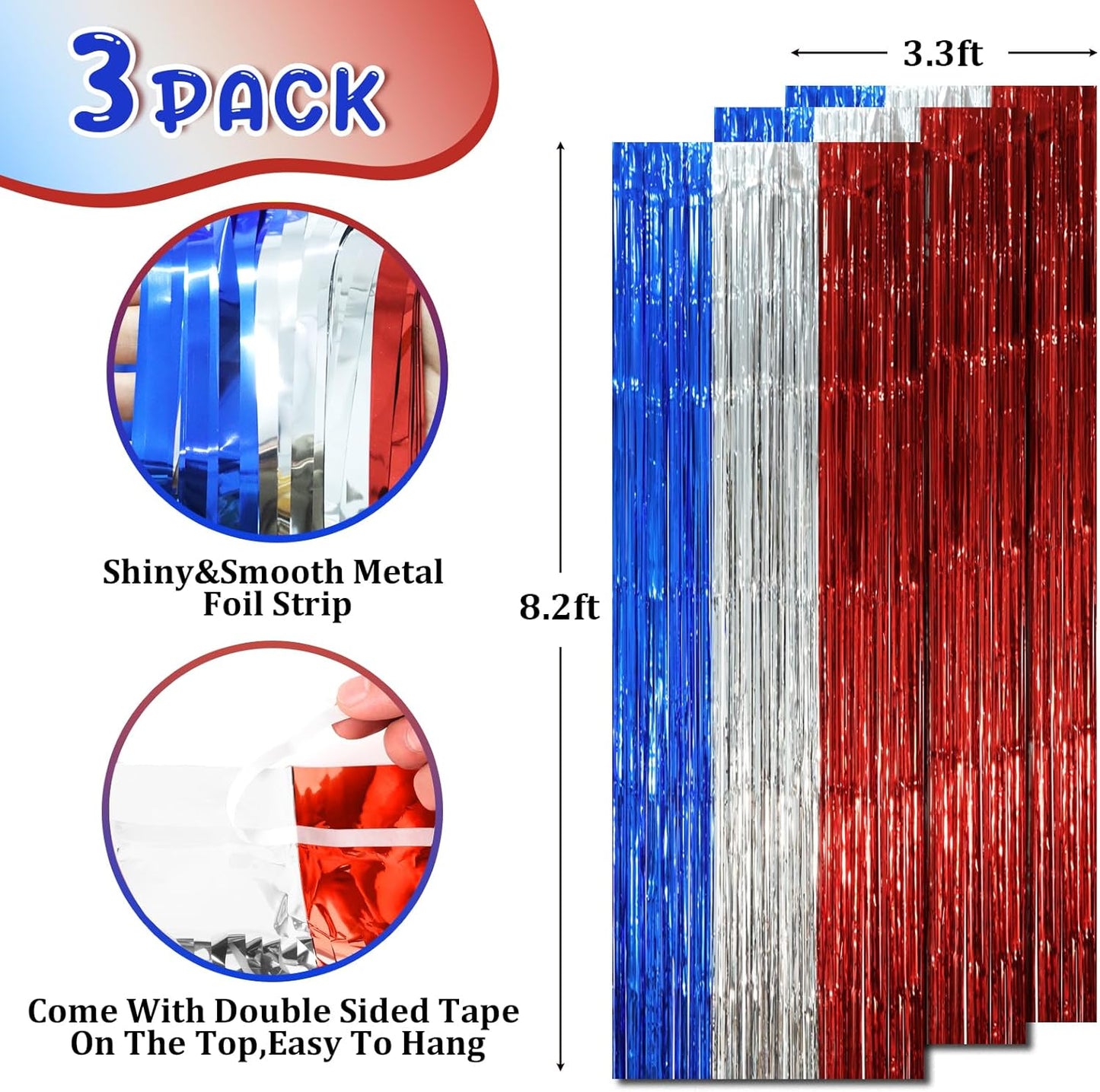 3 Pack 3.3 x 8.2 ft Blue Red Silver Foil Fringe Backdrop Curtains, Tinsel Streamers Party Decorations, Fringe Backdrop, Door Shimmer for Independence Day or Birthday Party