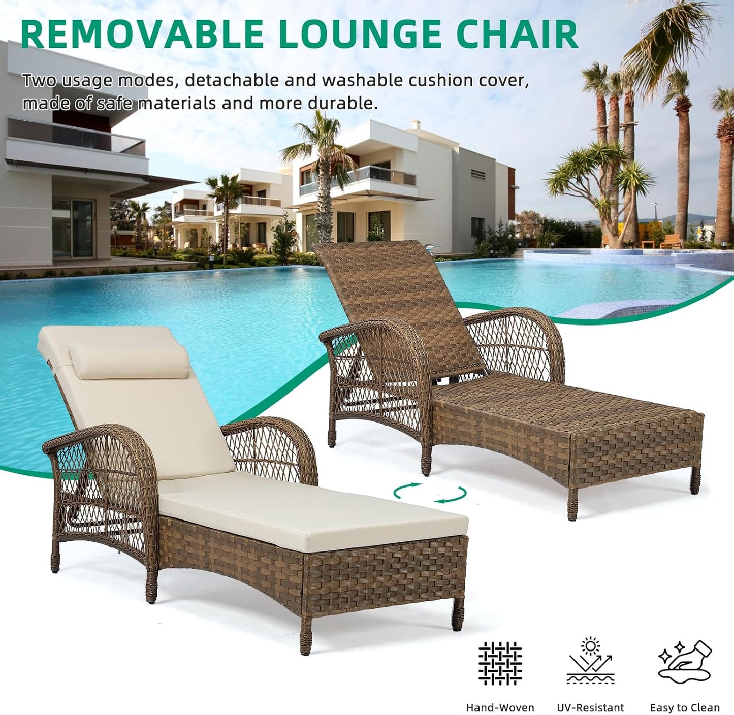 VIVIJASON Outdoor Wicker Chaise Lounge Chair Set of 2, All-Weather PE Rattan Cushioned Patio Lounger Chairs, 6-Position Adjustable Outside Pool Sunbathing Recliner with Armrest & Pillow, Beige