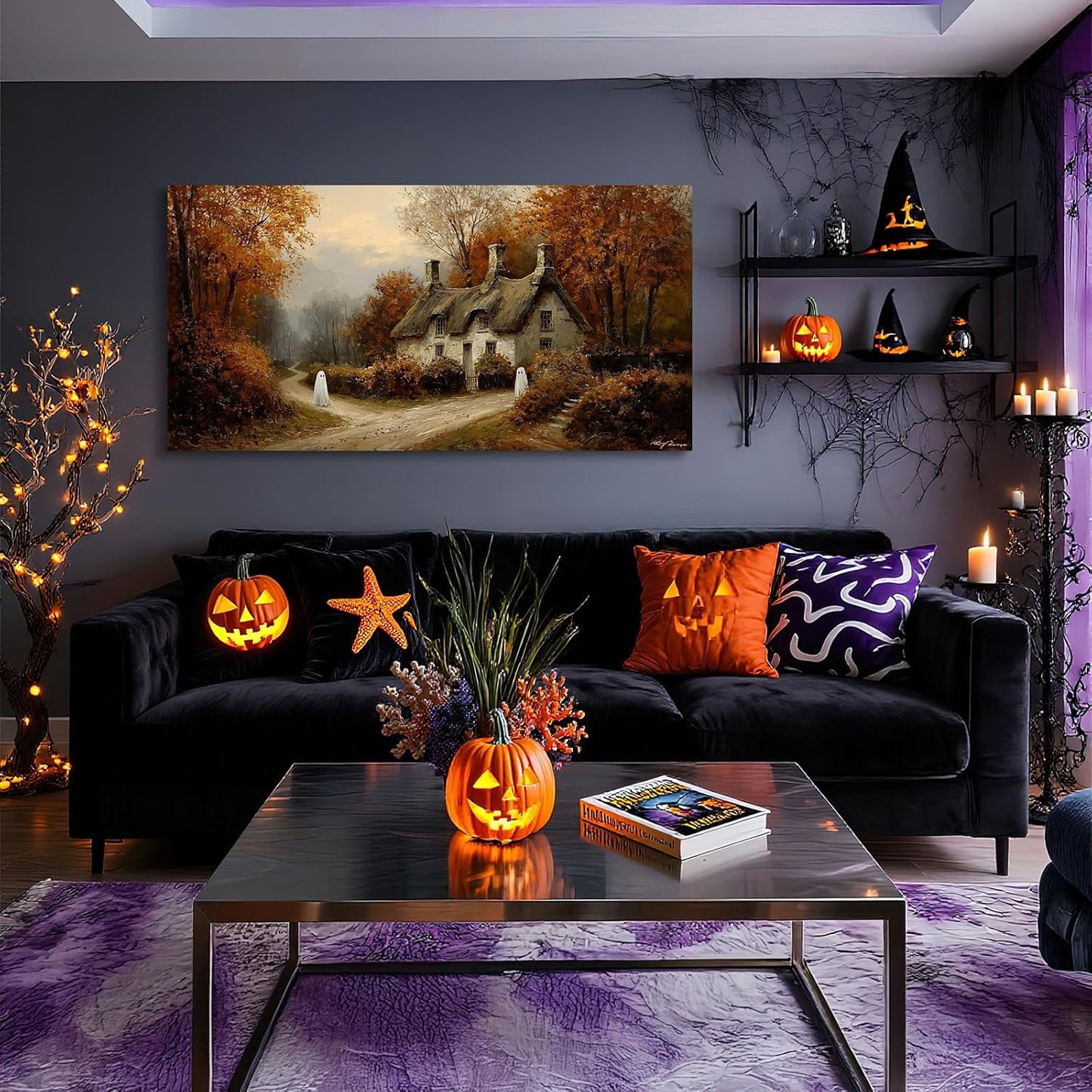 Laoife Halloween Canvas Wall Art, Vintage Spooky Farmhouse Autumn Rustic Landscape Wall Decoration, Ghost on Rural Roads for Living Room Bedroom Home Decor (Ghost 1)