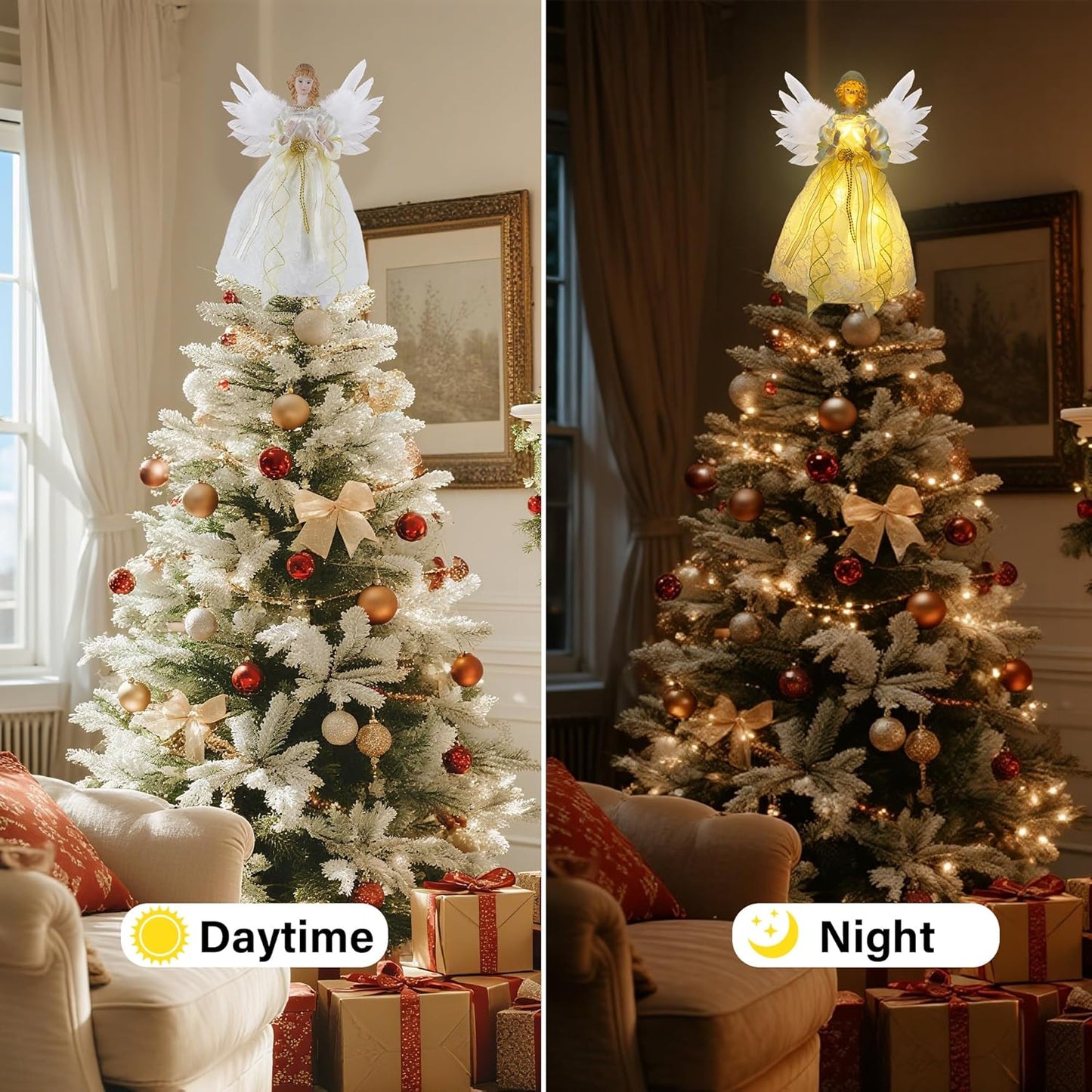 YOFIT 12-inch Lighted Angel Christmas Tree Topper - Battery Operated with Warm White LED Lights, Angel Ornaments for Xmas Tree Decor, Home Holiday Decorations