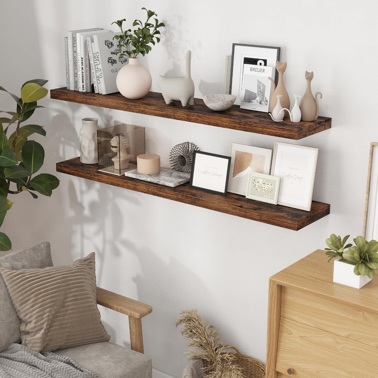 55 Inch Floating Shelves Set of 2, Rustic 55 x 9 Floating Shelf for Wall, 9 Inch Deep Wall Shelves Invisible Bracket, Large Deep Shelving for Bedroom, Kicten, Living Room, Rustic Brown Color