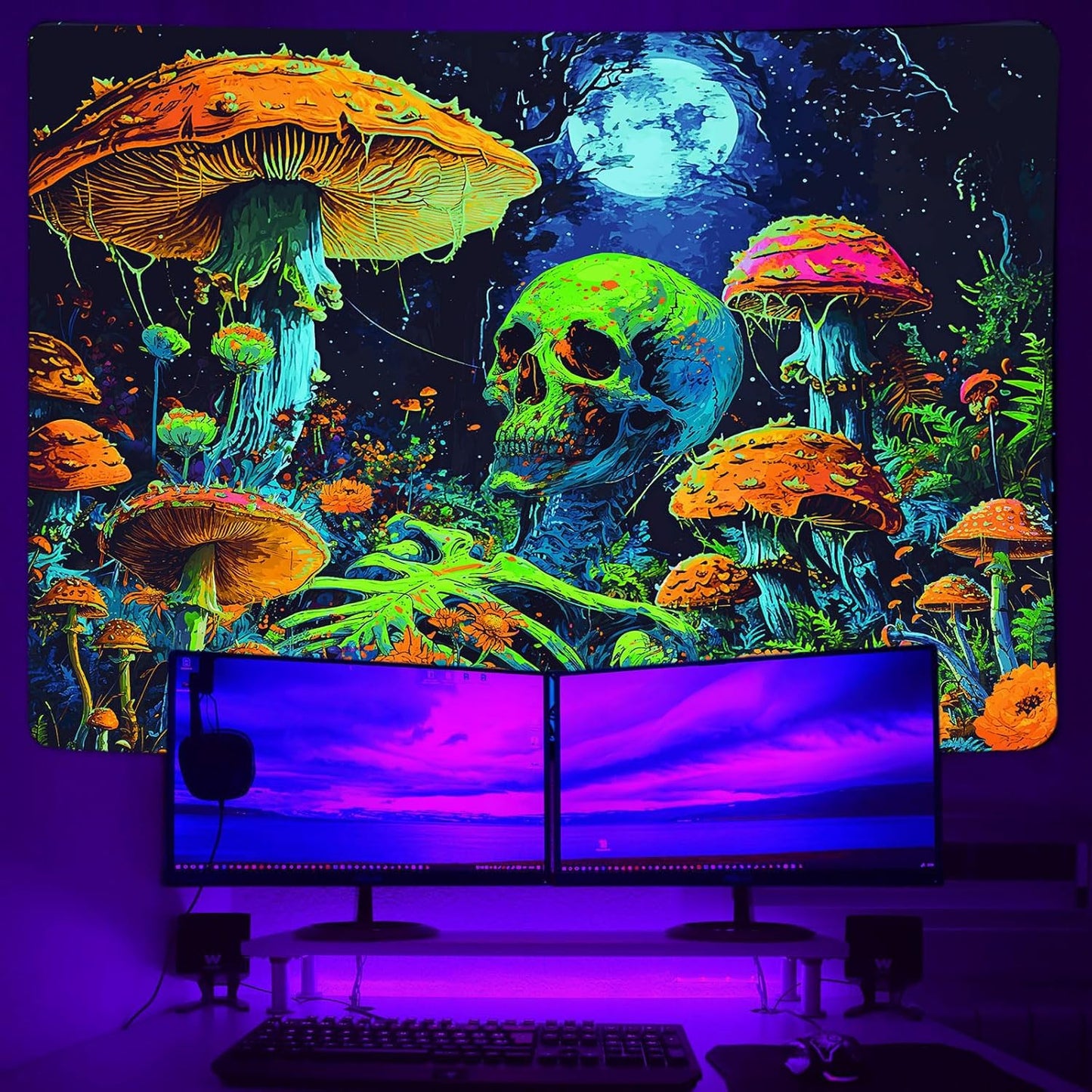 Xiaoput Blacklight Skull Tapestry, Black Light Skeleton, UV Reactive Neon Gothic for Men, Glow in Dark Trippy Forest Wall Hanging, 60X51IN