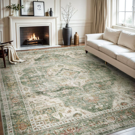 AMOAMI Vintage Soft Green Area Rug - 9x12, Non-Slip, Washable for Living Room, Bedroom, Dining Room, Office