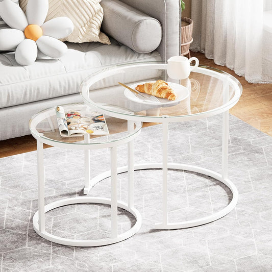 aboxoo White Nesting Glass Table Set of 2, Small Glass Round Nesting Tables for Living Room Bedroom, Accent Tea Table with Metal Frame Modern Industrial Simple