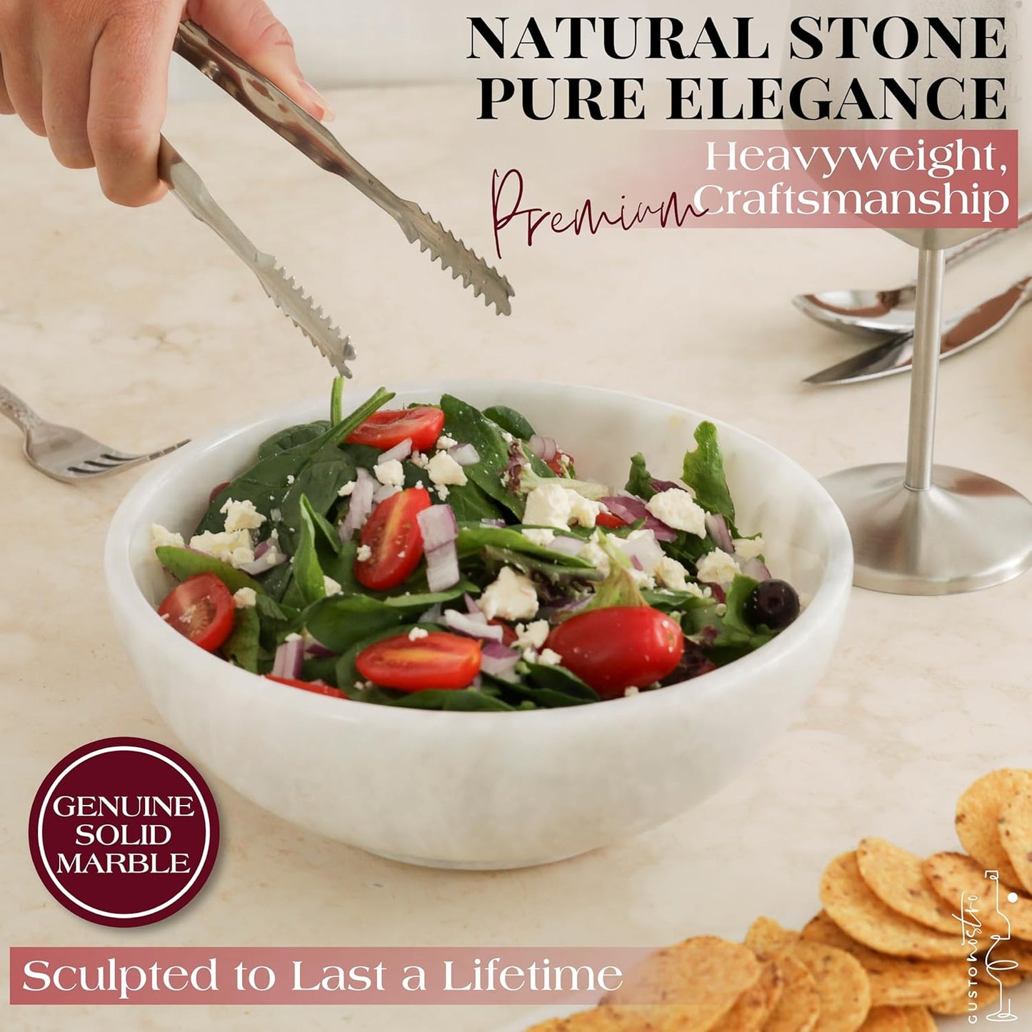 Gusto Nostro 8" Luxury White Marble Decorative Bowl for Coffee Table - Elegant Modern Fruit Bowl for Kitchen Counter - Heavy Stone Entryway Catch all for Keys, Jewelry, Potpourri Holder - Medium Size