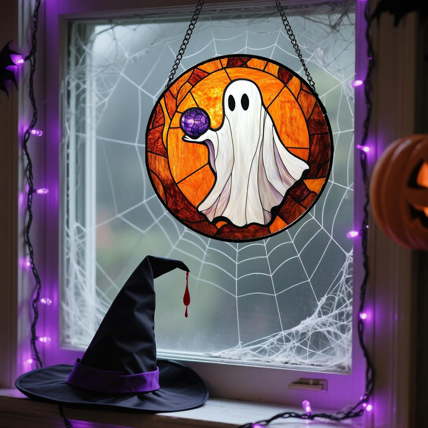 Stained Glass Window Hanging - Halloween Decorations Ghosts Vampire Suncatcher for Doors Garden Indoor Funny Spooky Sun Catchers Gothic Decor Horror Gifts for Women Men Friend 15 in