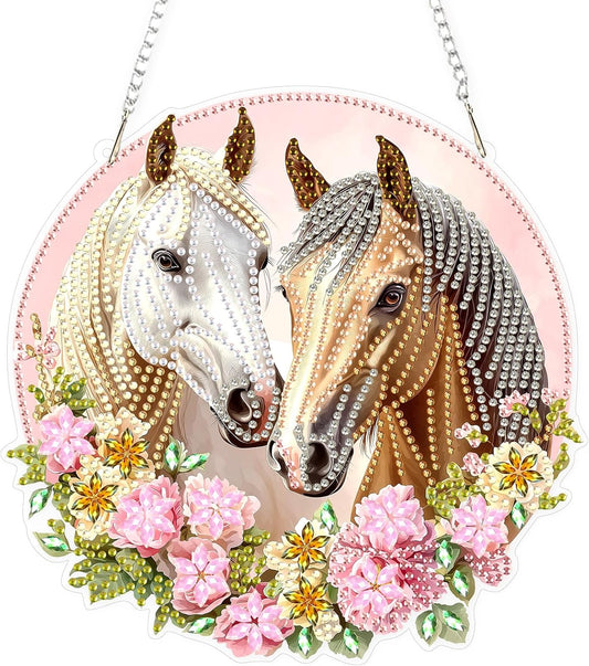 Lxmsja DIY Two Horses Diamond Painting Hanging Ornament, Double-Sided Acrylic Flowers Diamond Art Kit, Special Shaped Drill Pendant Window Art Kit, Suncatcher Hanging Craft Decoration 8x8 inch