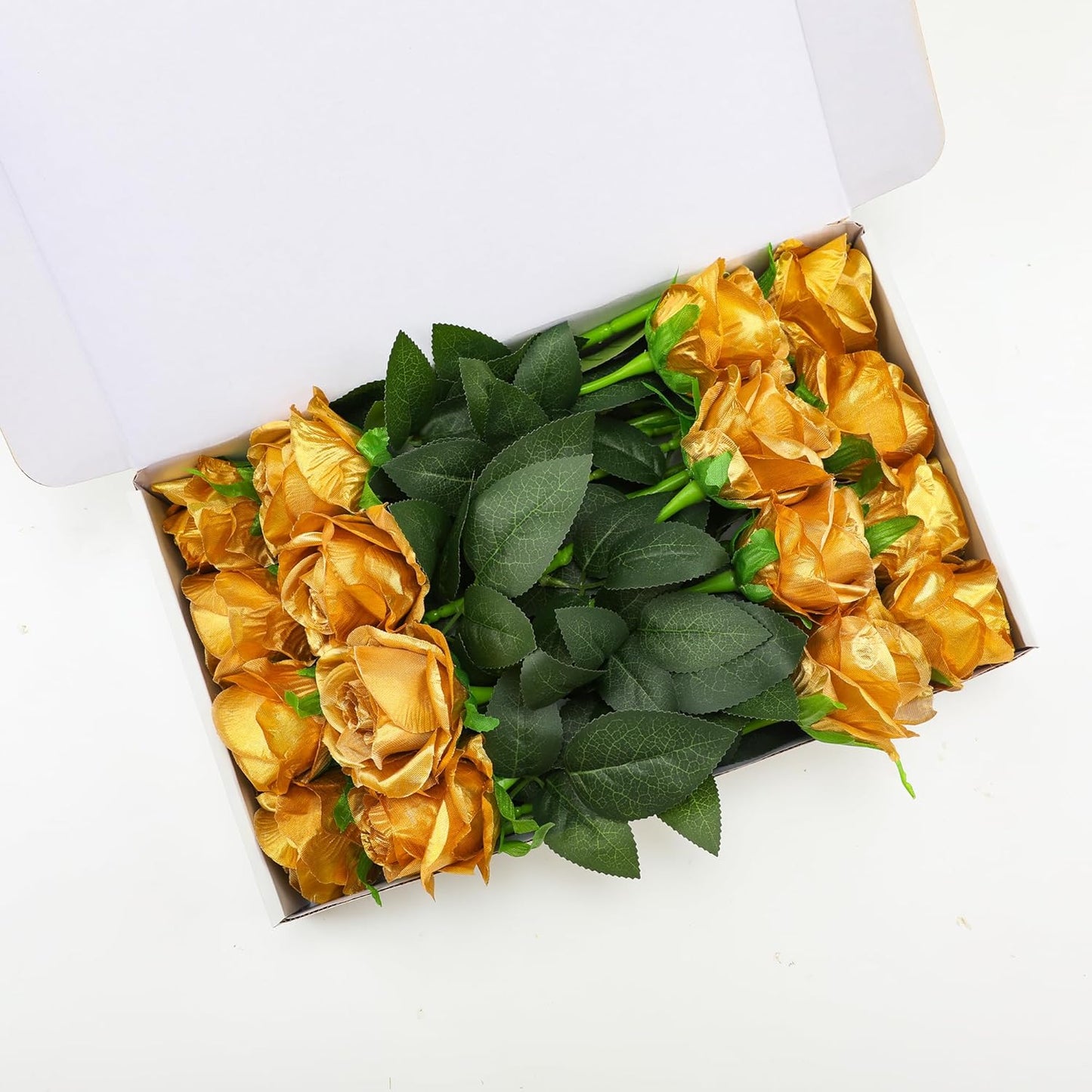 Gold Fake Roses Artificial Flowers - 16 Pcs Fake Artificial Roses Silk Flowers with Stems for Home Wedding Hotel Office Centerpiece Decor