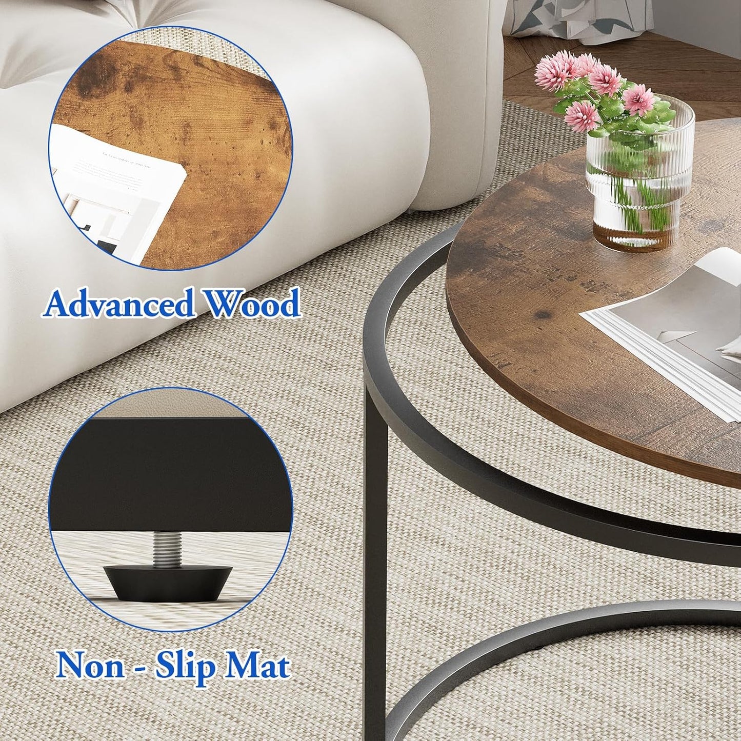 aboxoo Coffee Table Nesting Round Table Set of 2 Side Table with Sturdy Metal Frame for Living Room Bedroom Apartment Modern Industrial Simple Nightstand,Rustic Brown