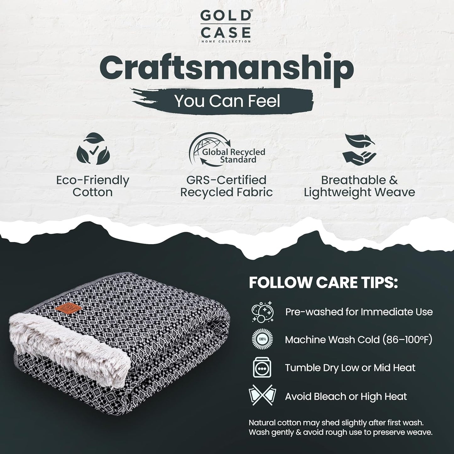 Gold Case Throw Blanket for Bed – 100% Recycled Turkish Cotton Bed Blanket – Decorative Throw Cotton Blankets for Living Room & Bedroom – Retro Black Woven Queen Blankets – 90x90